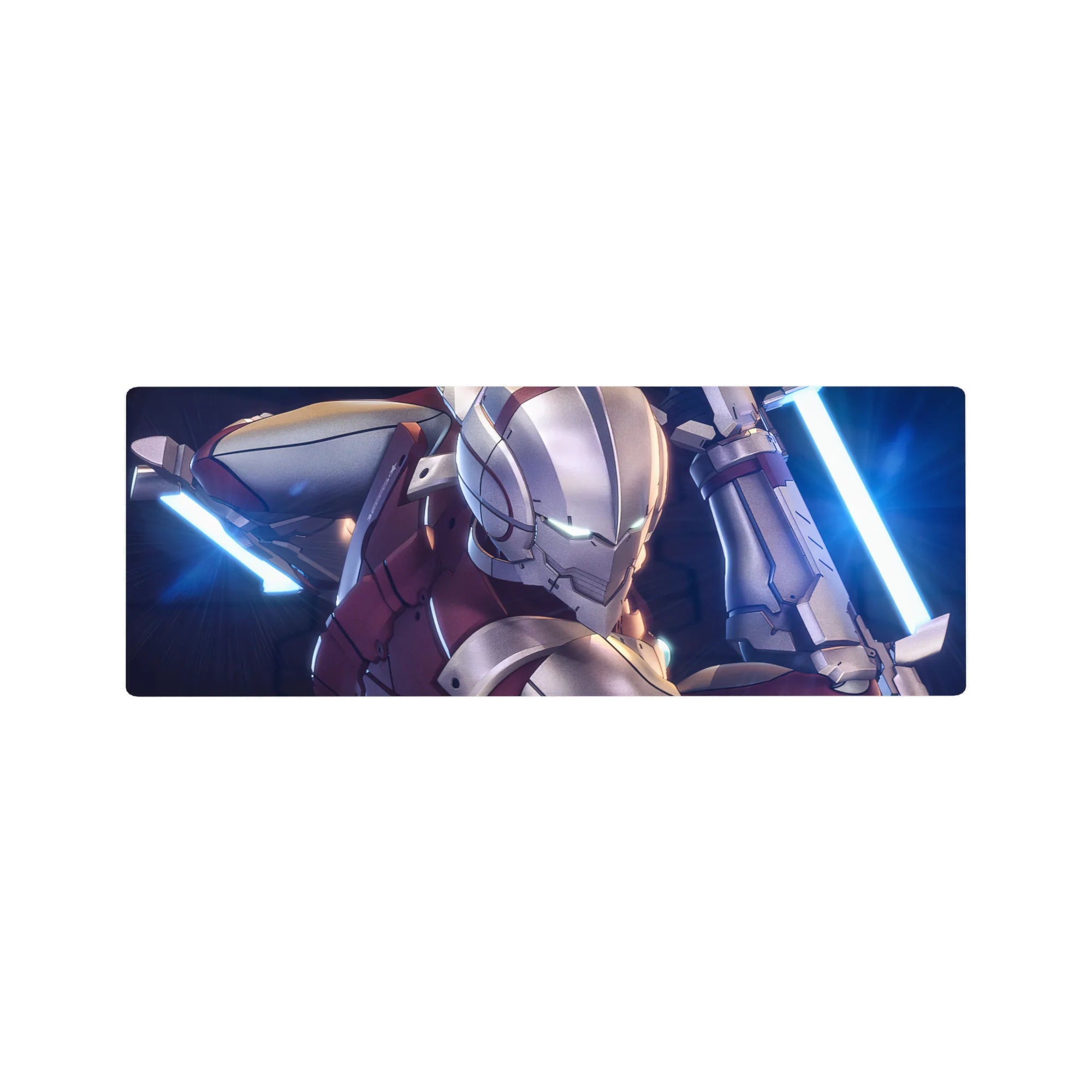 32x12 inches anime mouse pad with sleek armored hero, silver steel and crimson plates, twin energy blades.