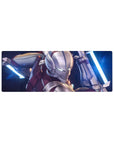 32x12 inches anime mouse pad with sleek armored hero, silver steel and crimson plates, twin energy blades.