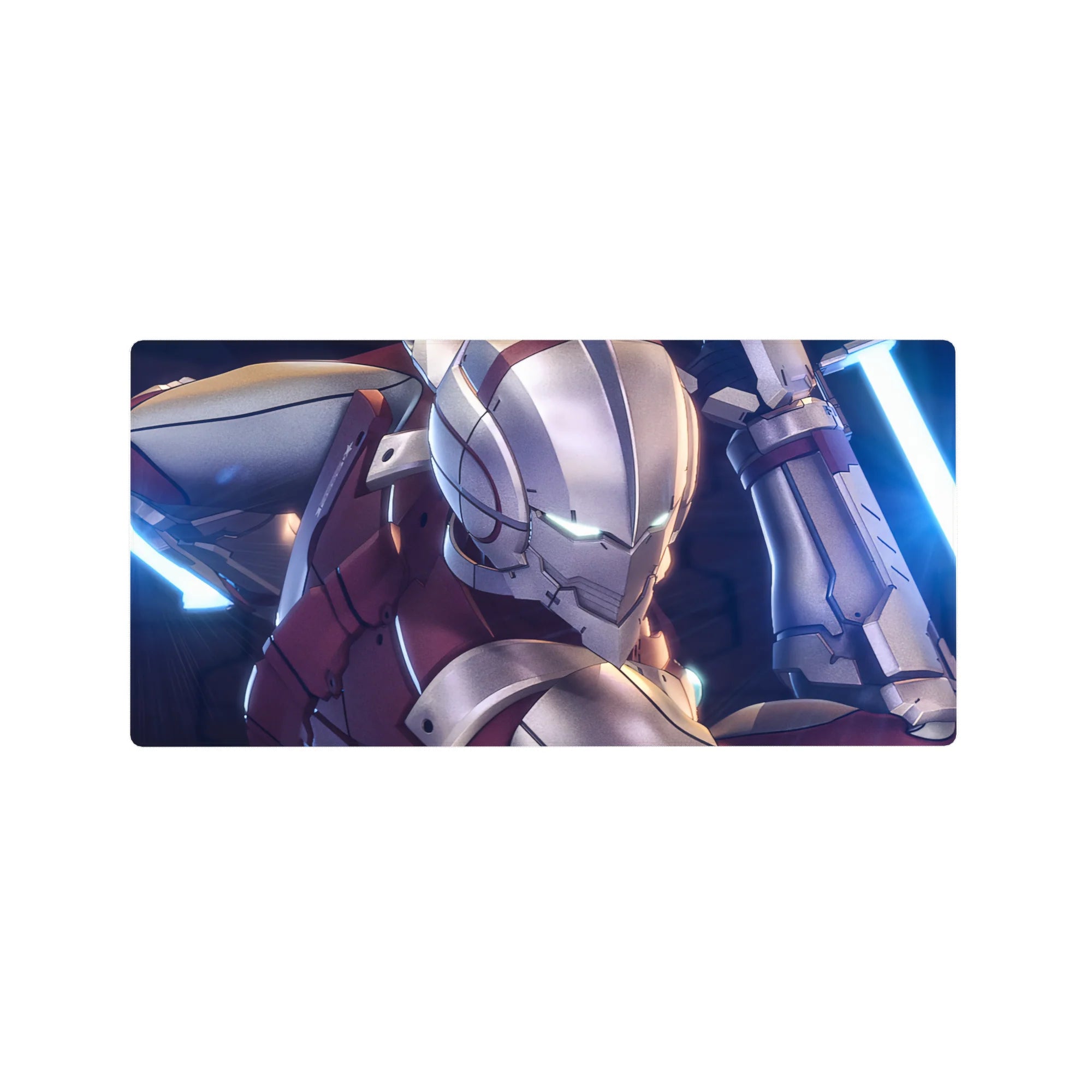 Sci-fi armored anime hero mouse pad desk mat, 32x16 inches, with neon energy blades and battleworn armor.