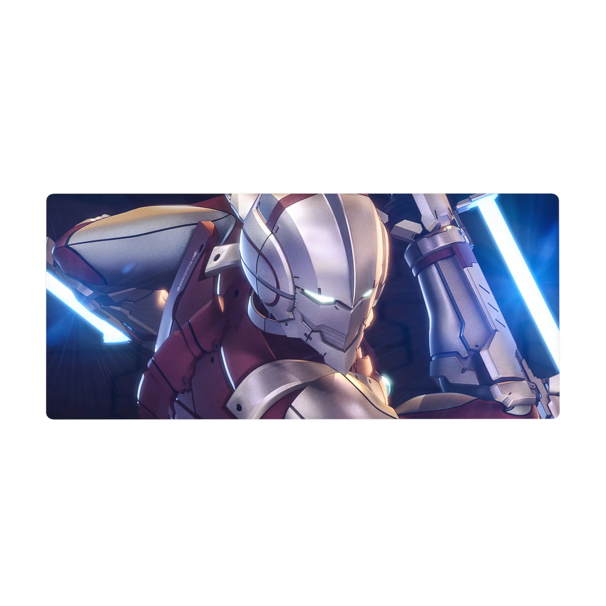 Anime desk pad 36x16 inches with armored sci-fi hero, teal eyes, silver steel and crimson plates, dual blades.