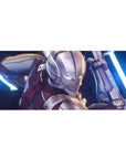 Anime desk pad 36x16 inches with armored sci-fi hero, teal eyes, silver steel and crimson plates, dual blades.