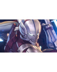 Anime desk pad 40x20 inches with sleek armored hero, crimson and silver plating, dual neon energy blades.