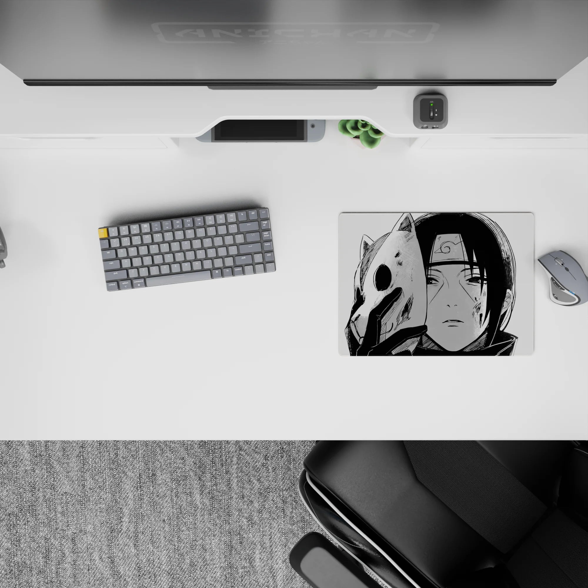 Anime mouse pad 14x10 inches featuring ANBU Itachi from Naruto, depicted in black-and-white with a chipped fox mask.