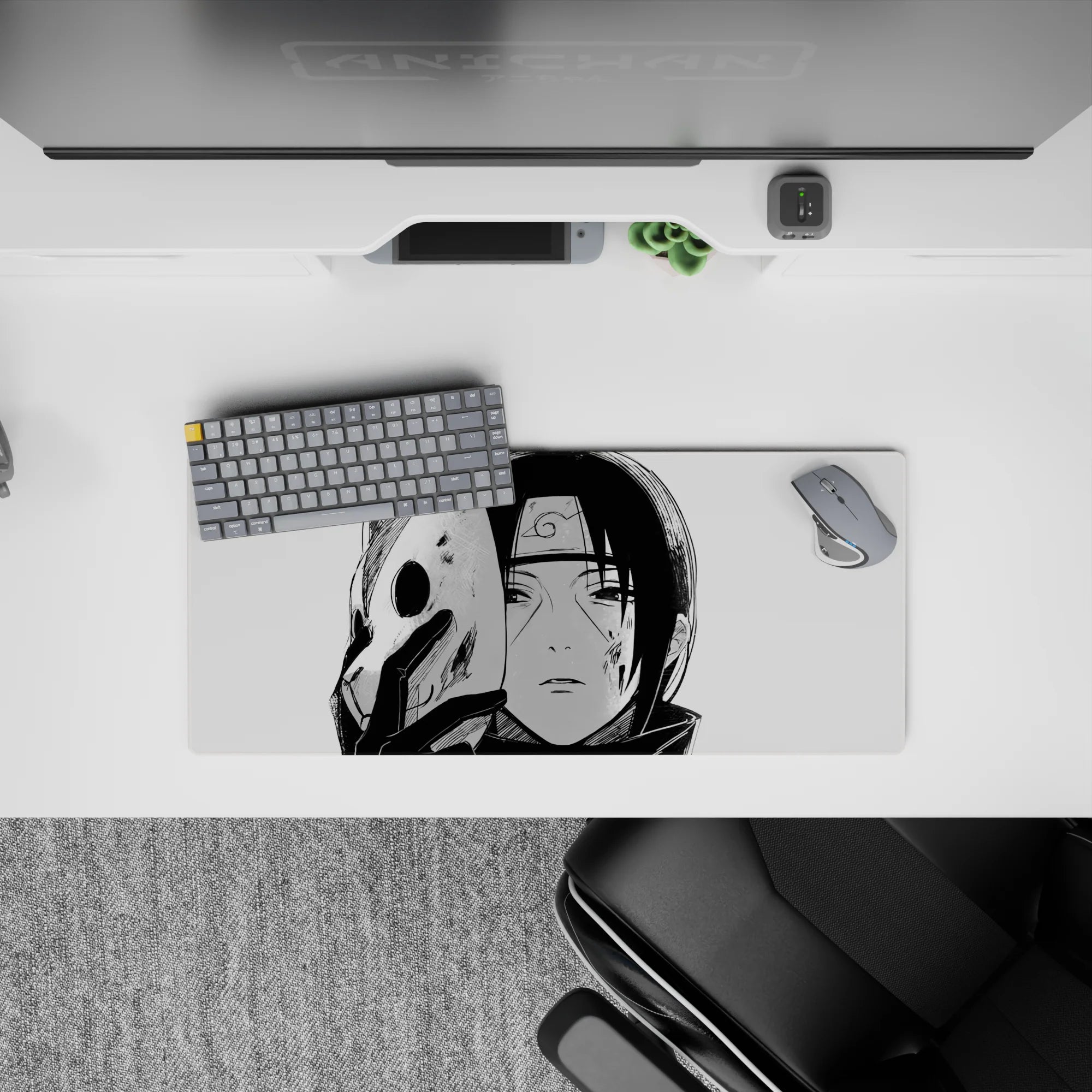 Itachi ANBU mouse pad 28x12 inches, featuring Naruto&#39;s Itachi in black-and-white with a chipped fox mask, evocative and striking.
