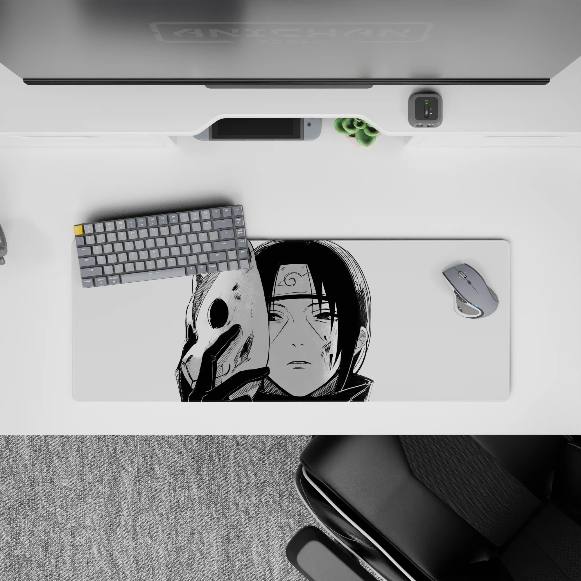 Itachi ANBU Naruto mouse pad 32x12 inches, black-and-white design; half-masked Itachi with chipped fox mask, intense stare.