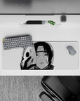 Itachi ANBU Naruto mouse pad 32x12 inches, black-and-white design; half-masked Itachi with chipped fox mask, intense stare.