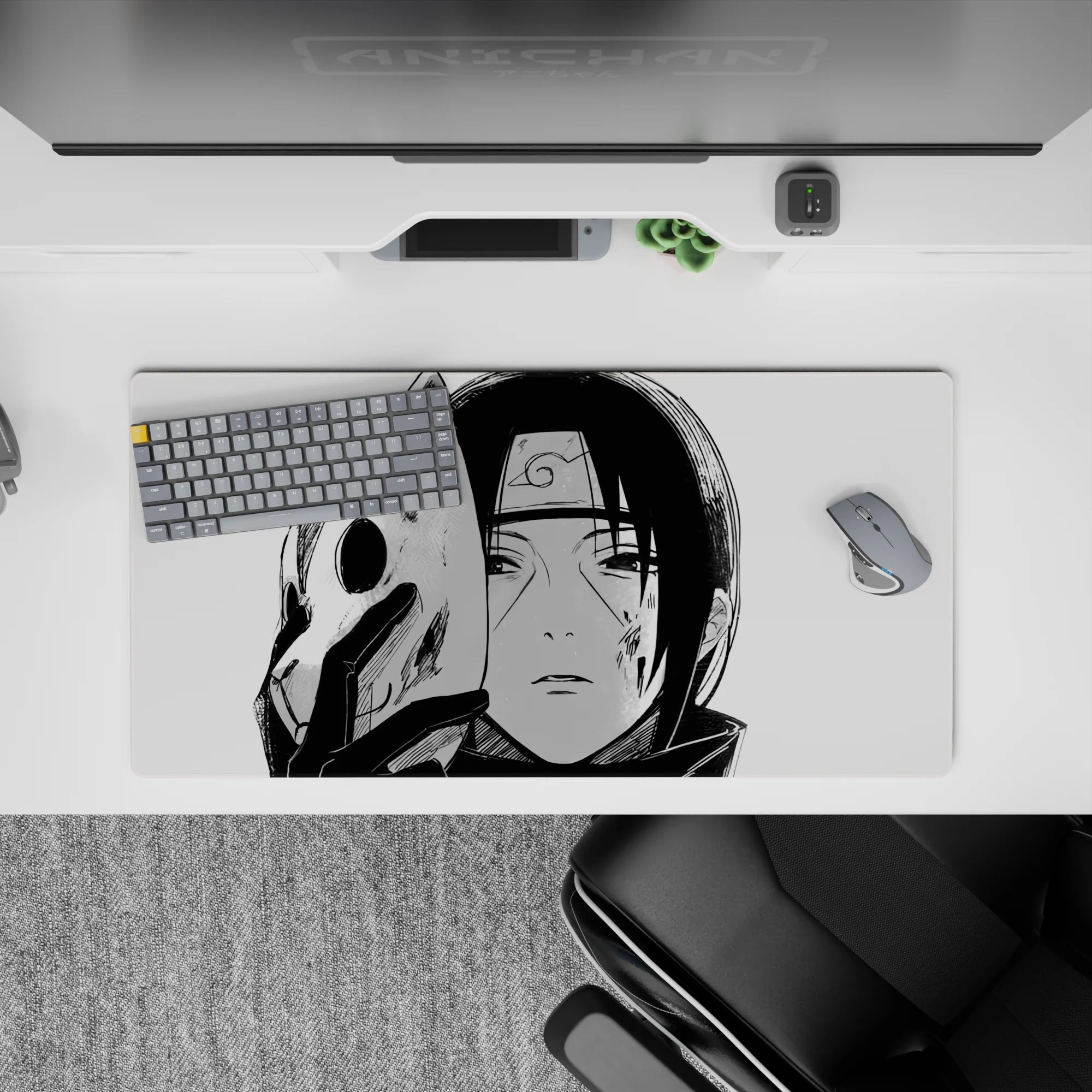 Itachi ANBU mouse pad from Naruto, 32x16 inches. Black-and-white design with chipped fox mask, perfect for anime fans.