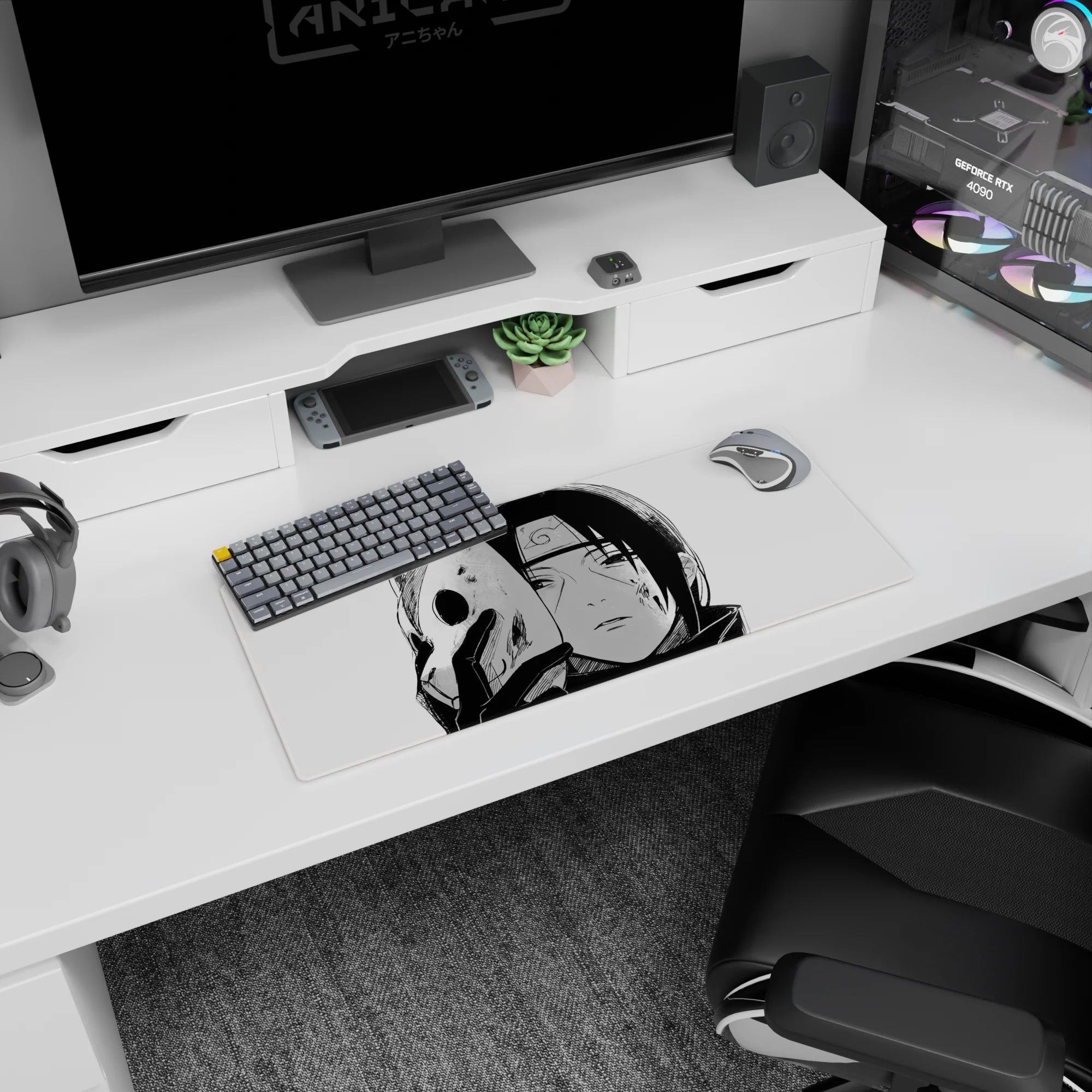 Itachi ANBU mouse pad 28x12 inches, features black-and-white Itachi Uchiha from Naruto with a chipped fox mask.
