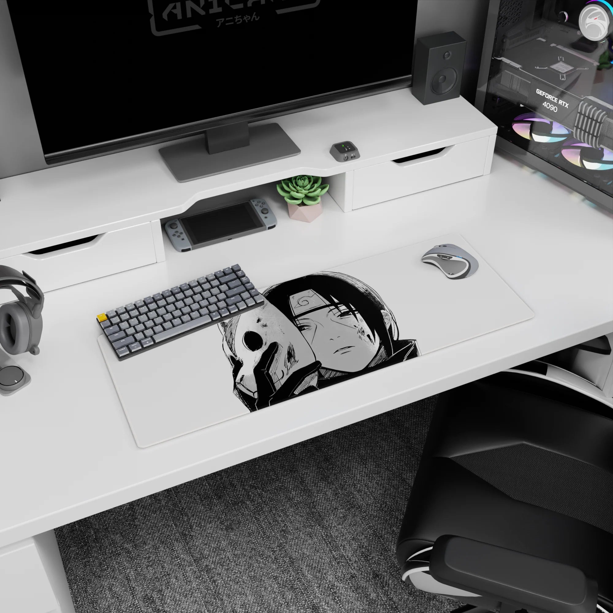 Anime mouse pad 32x12 inches featuring ANBU Itachi from Naruto in black-and-white, with a chipped fox mask and intense stare.