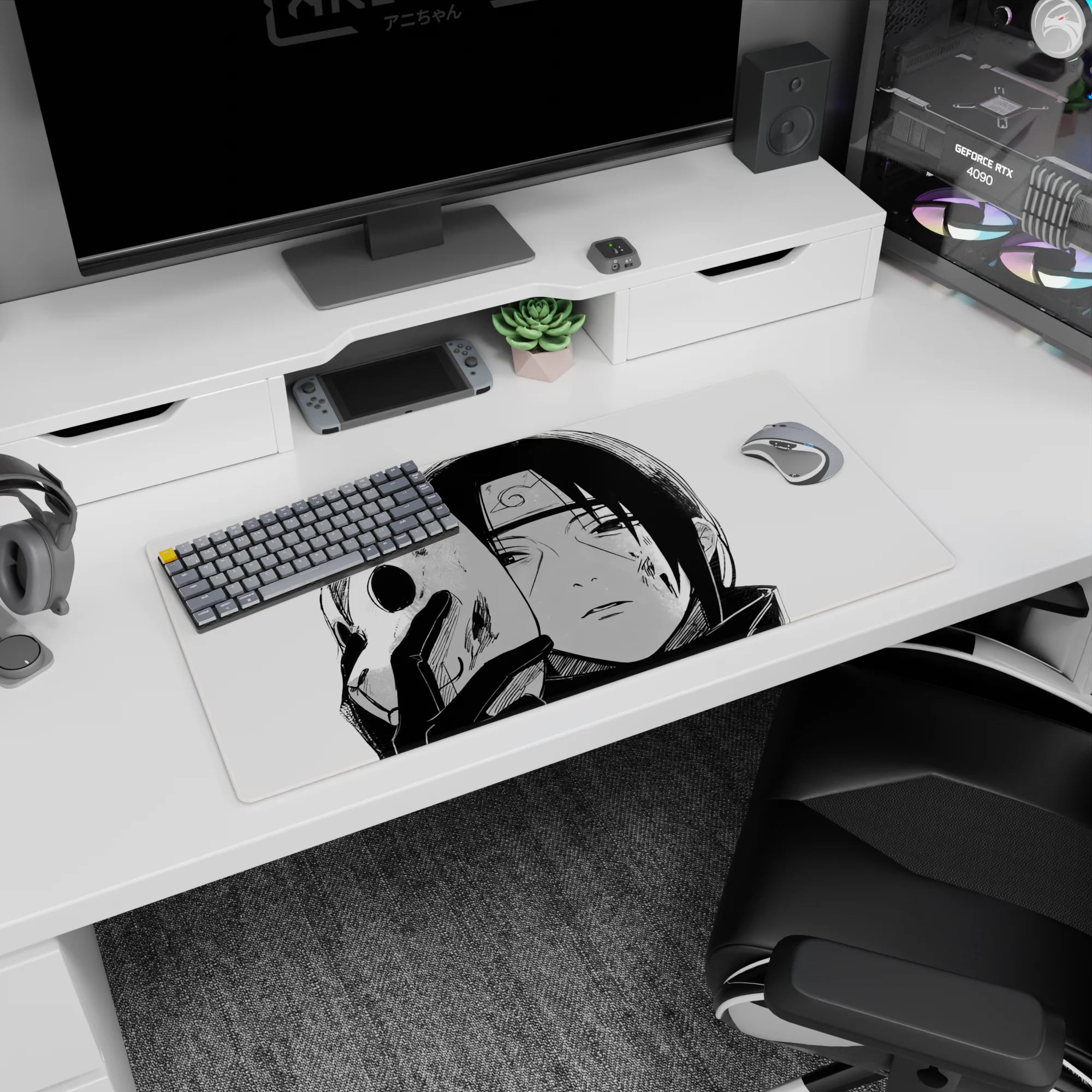 Anime mouse pad 32x16 inches featuring ANBU Itachi from Naruto in sharp black-and-white, with a chipped fox mask.