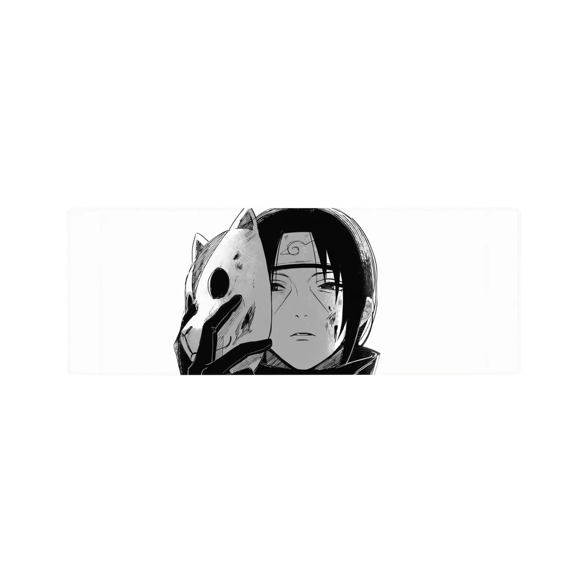 Itachi ANBU Naruto mouse pad, 32x12 inches, featuring black-and-white ink design of Itachi with a chipped fox mask.