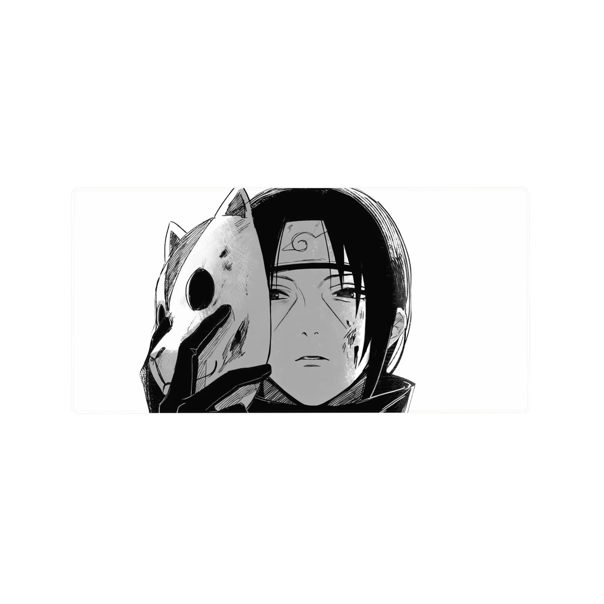 Itachi ANBU 32x16 inch mouse pad featuring Itachi from Naruto in black-and-white ink, showcasing a haunting, staring gaze.