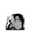 Itachi ANBU 32x16 inch mouse pad featuring Itachi from Naruto in black-and-white ink, showcasing a haunting, staring gaze.