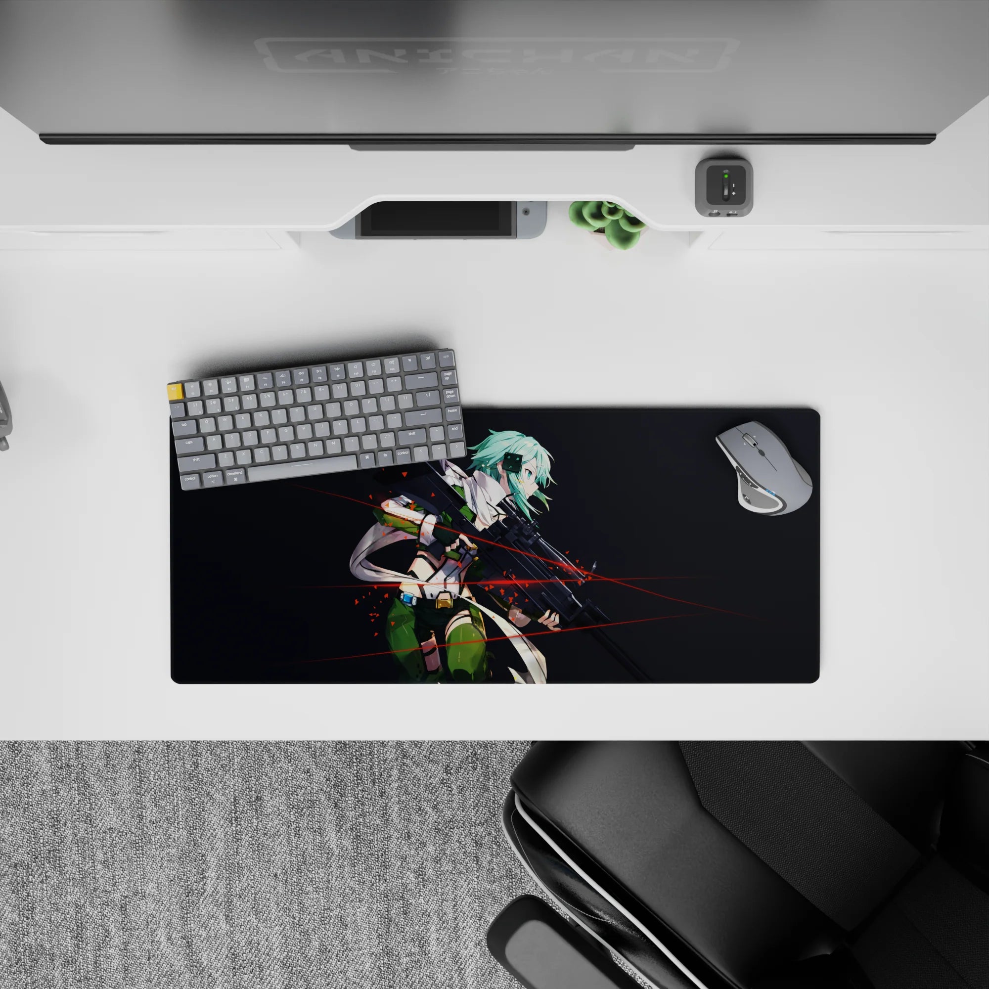 Sinon from Sword Art Online anime on 28x12 inch mouse pad, teal hair, intense gaze, red tracers, perfect for fans.