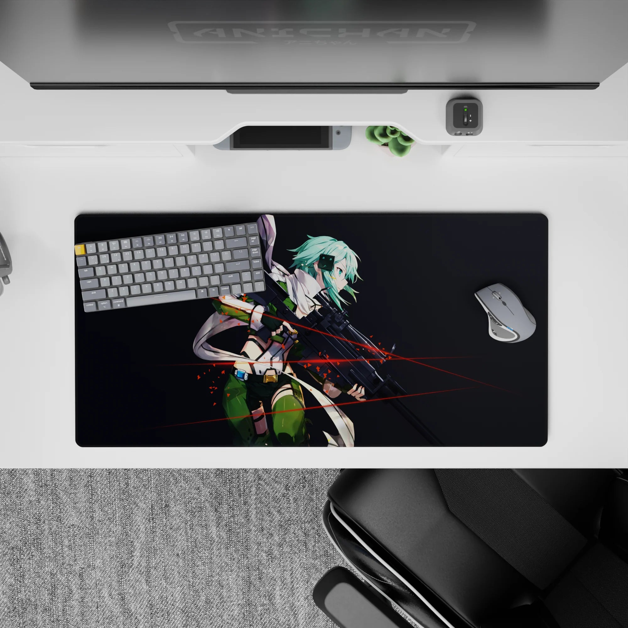 Sinon from Sword Art Online on a 32x16 inch anime mouse pad, featuring a dark backdrop, teal hair, and red tracer lines.