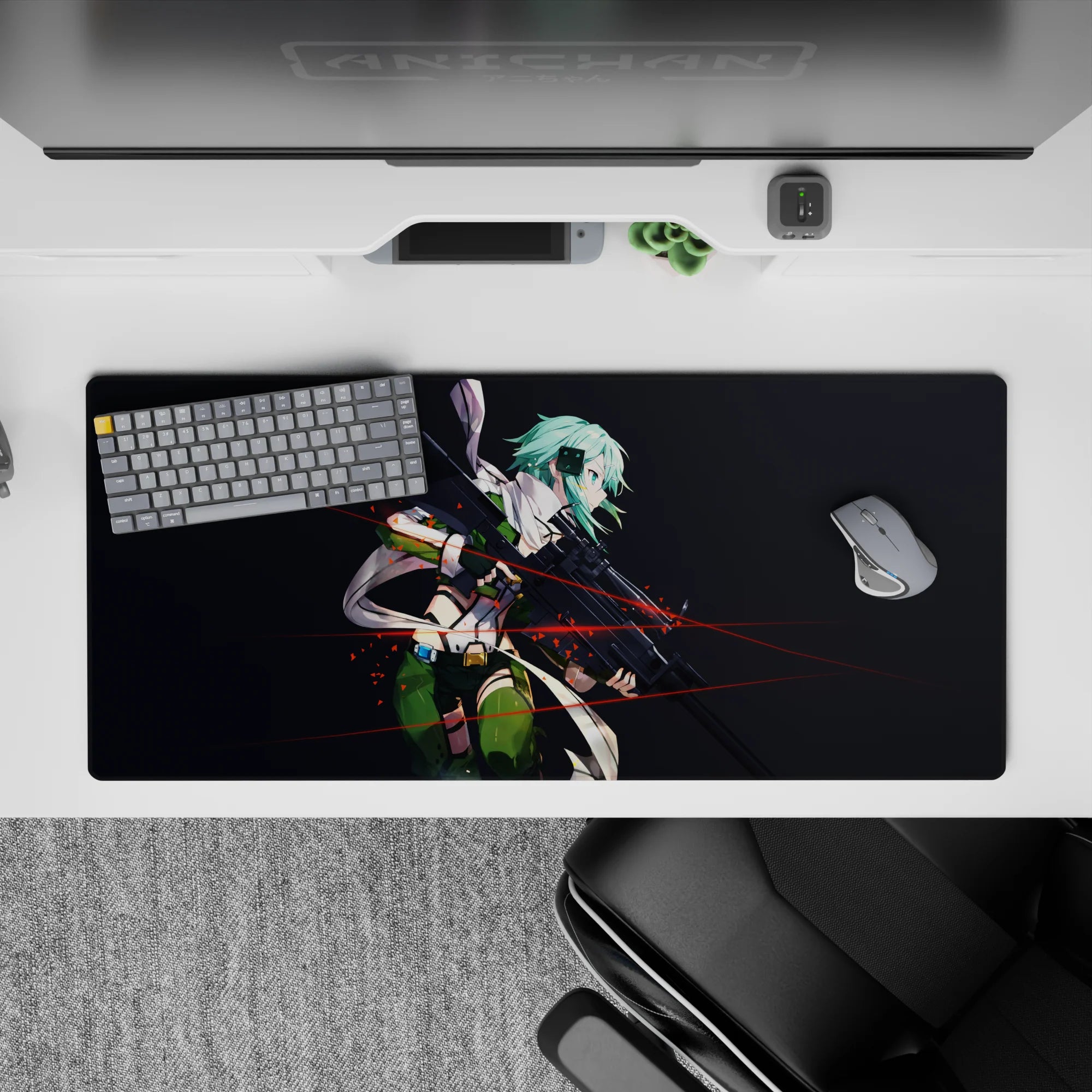 Sinon from Sword Art Online on 36x16 inch anime mouse pad with teal hair, red tracer lines and dark backdrop for gaming setup.