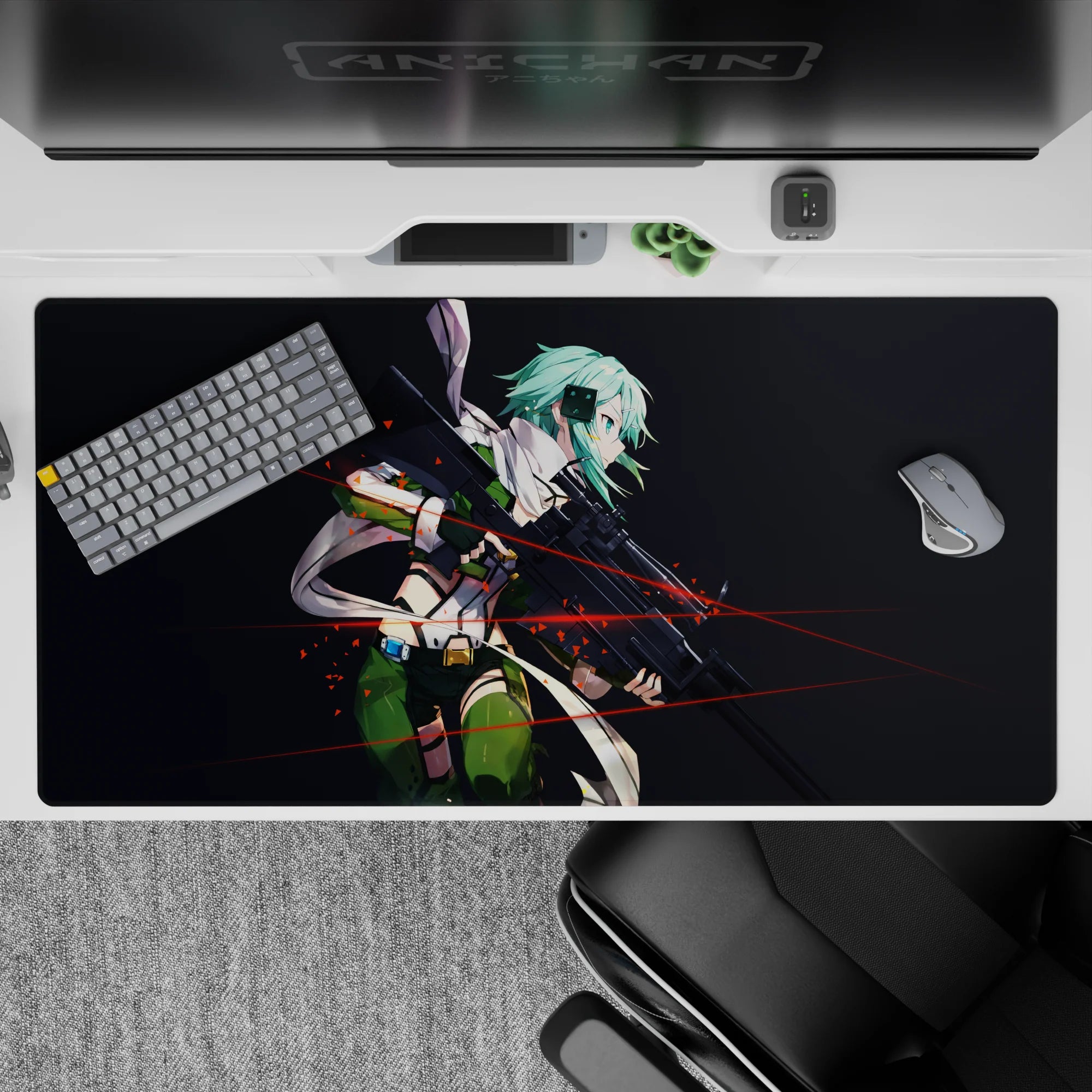 Sinon from Sword Art Online on 40x20 inch anime mouse pad, dark backdrop with red tracer lines, teal hair striking.