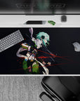 Sinon from Sword Art Online on 40x20 inch anime mouse pad, dark backdrop with red tracer lines, teal hair striking.