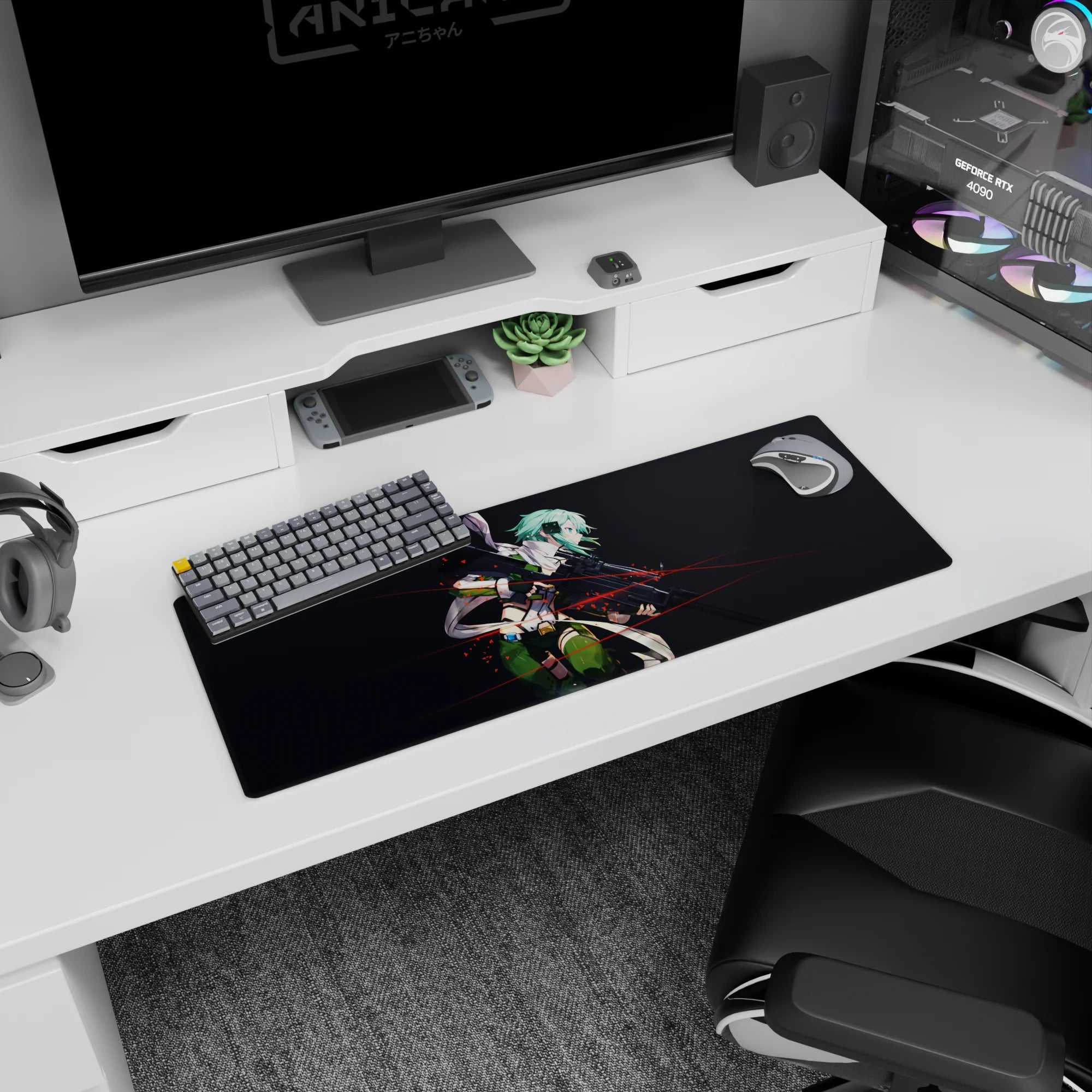Sinon from Sword Art Online on an anime mouse pad, size 32x12 inches, with teal hair and sniper sights on dark backdrop.
