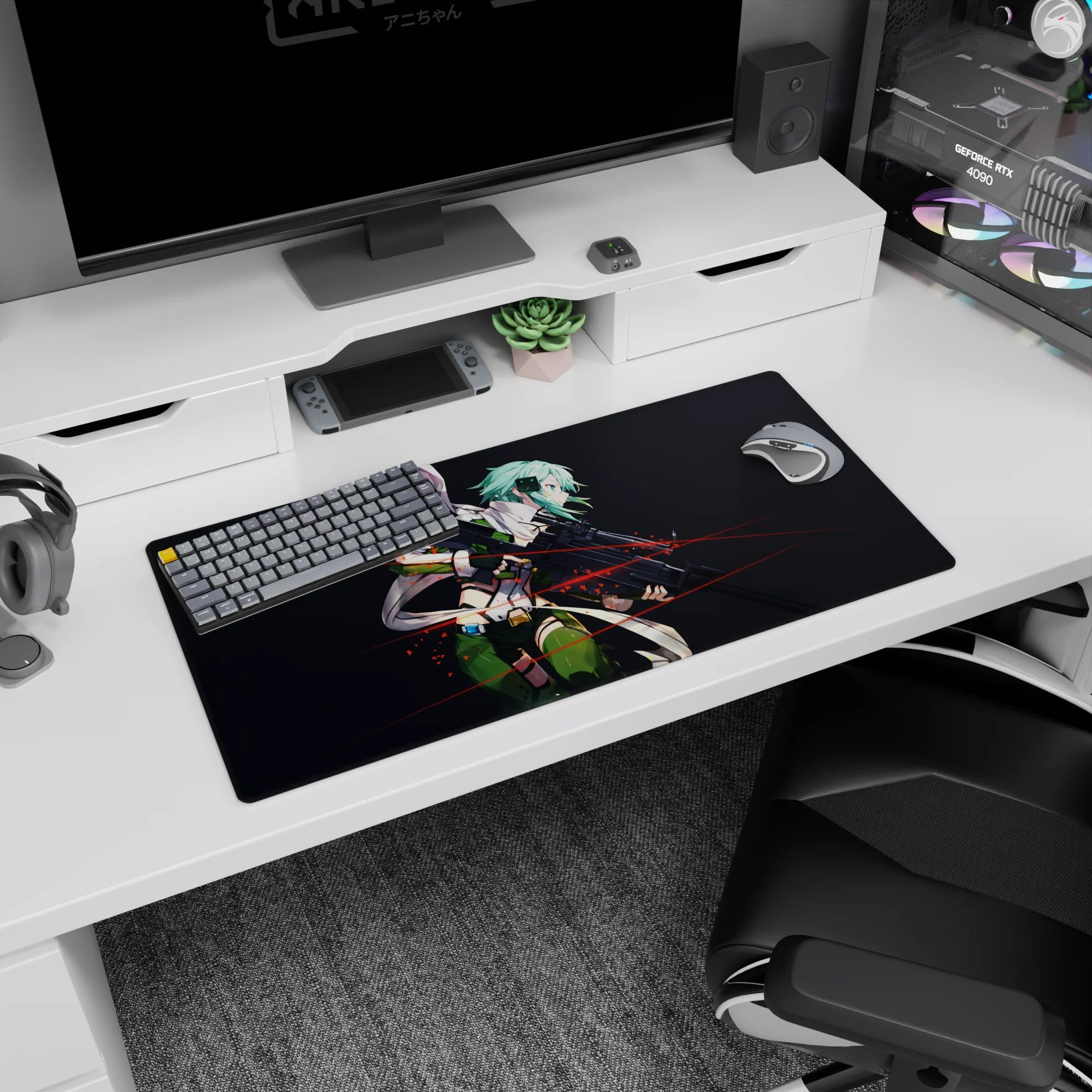 Sinon from Sword Art Online on a 32x16 inch anime mouse pad, featuring her teal hair and red tracer lines on a dark backdrop.