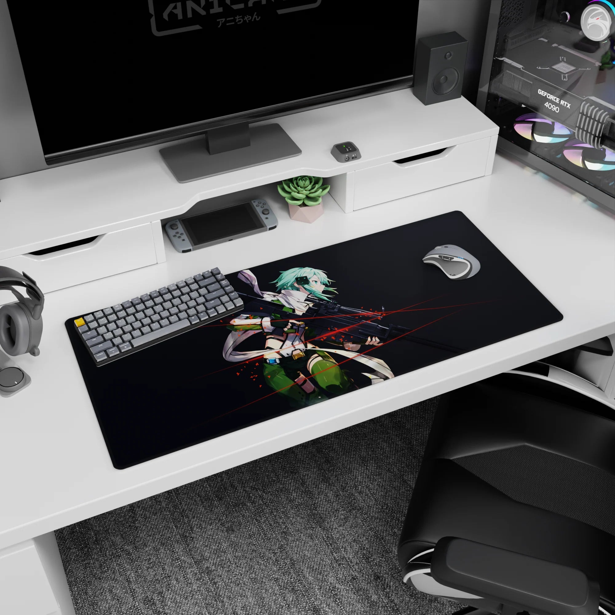 Sinon from Sword Art Online mouse pad, 36x16 inches, dark backdrop with red tracer lines, highlighting her teal hair.