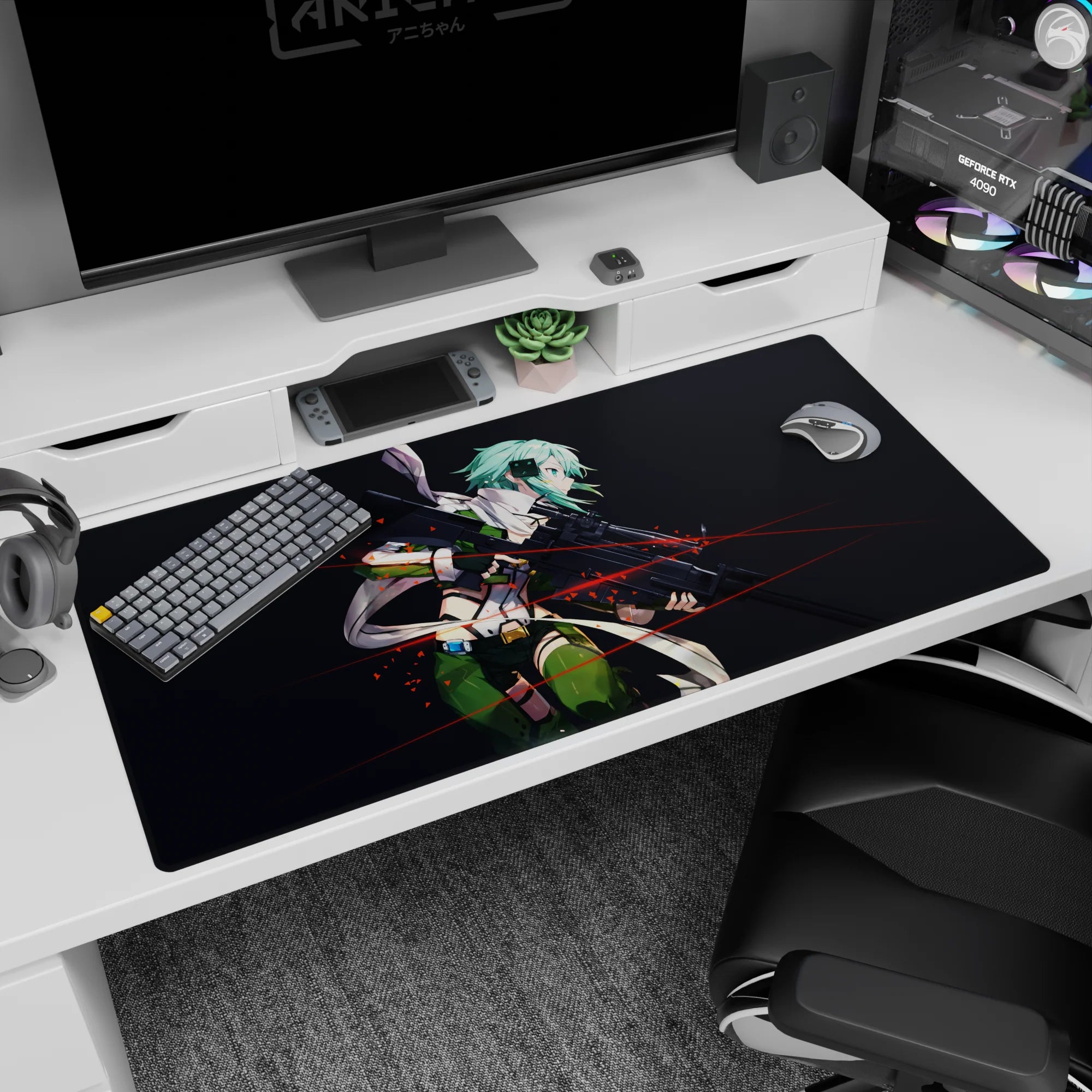 Sinon from Sword Art Online on 40x20 inch anime mouse pad. Teal hair, dark backdrop, red tracer lines, intense focus.