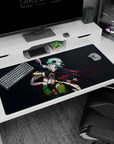 Sinon from Sword Art Online on 40x20 inch anime mouse pad. Teal hair, dark backdrop, red tracer lines, intense focus.