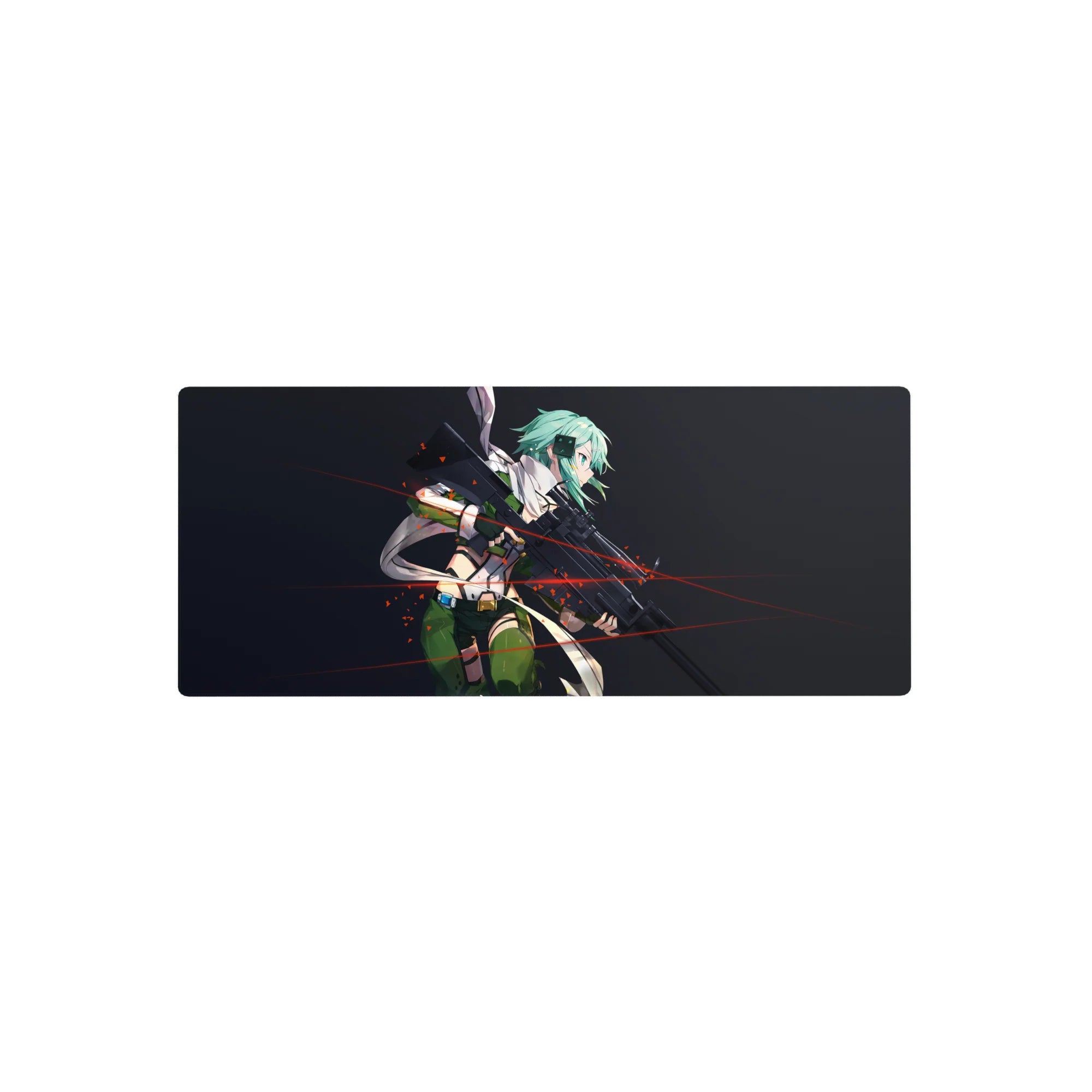 Sinon from Sword Art Online on 28x12 inch anime mouse pad, teal hair and red tracers on a dark backdrop, intense and focused.