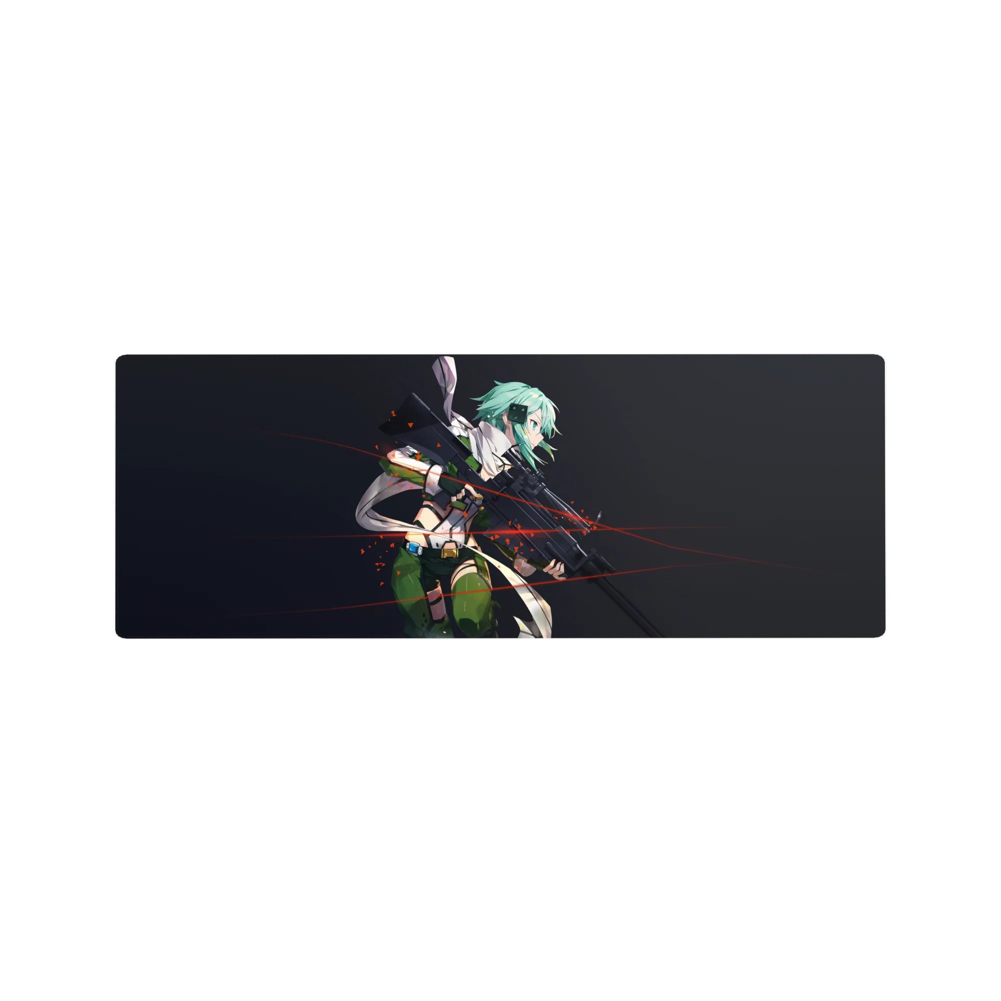 Anime mouse pad 32x12 inches featuring Sinon from Sword Art Online, teal hair and sniper sights against a dark backdrop.