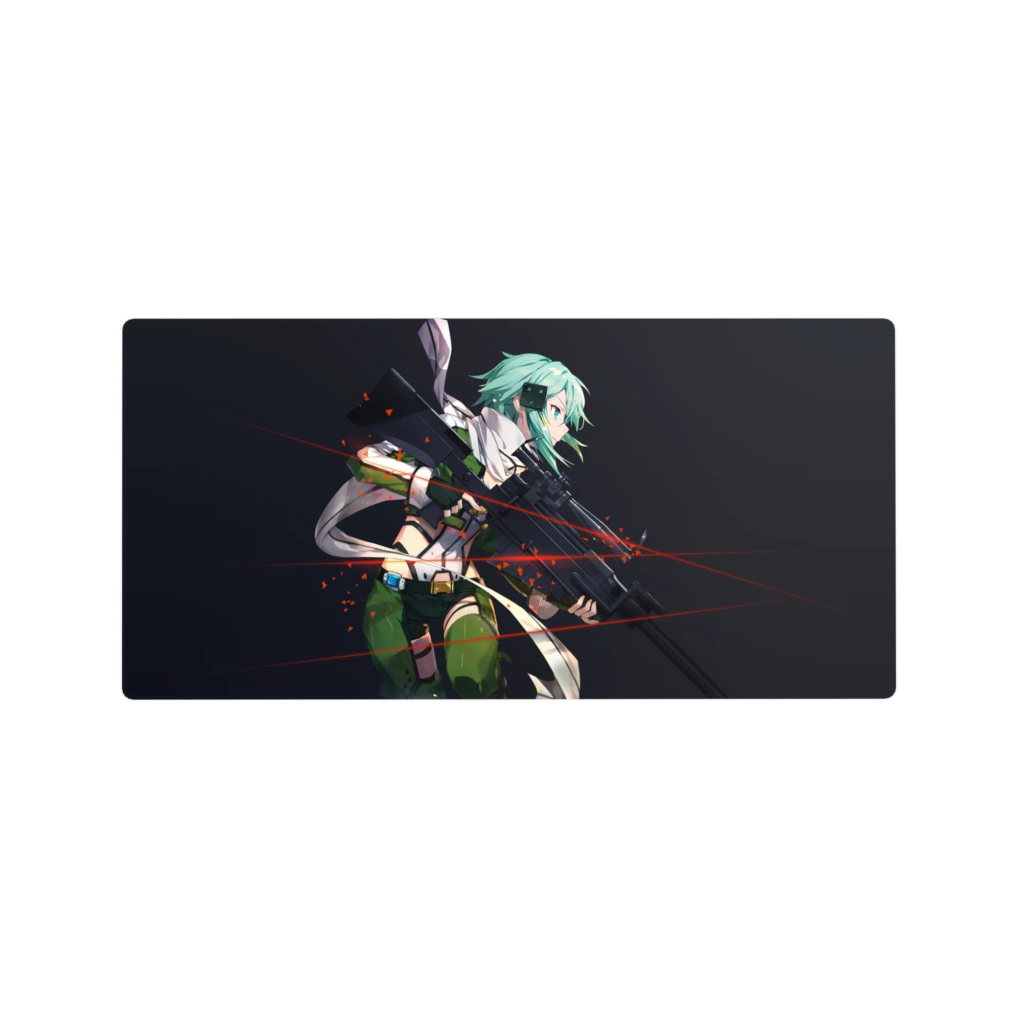 Sinon from Sword Art Online on 32x16 inch mouse pad, featuring teal hair, cold glare, and red tracer lines against a dark backdrop.