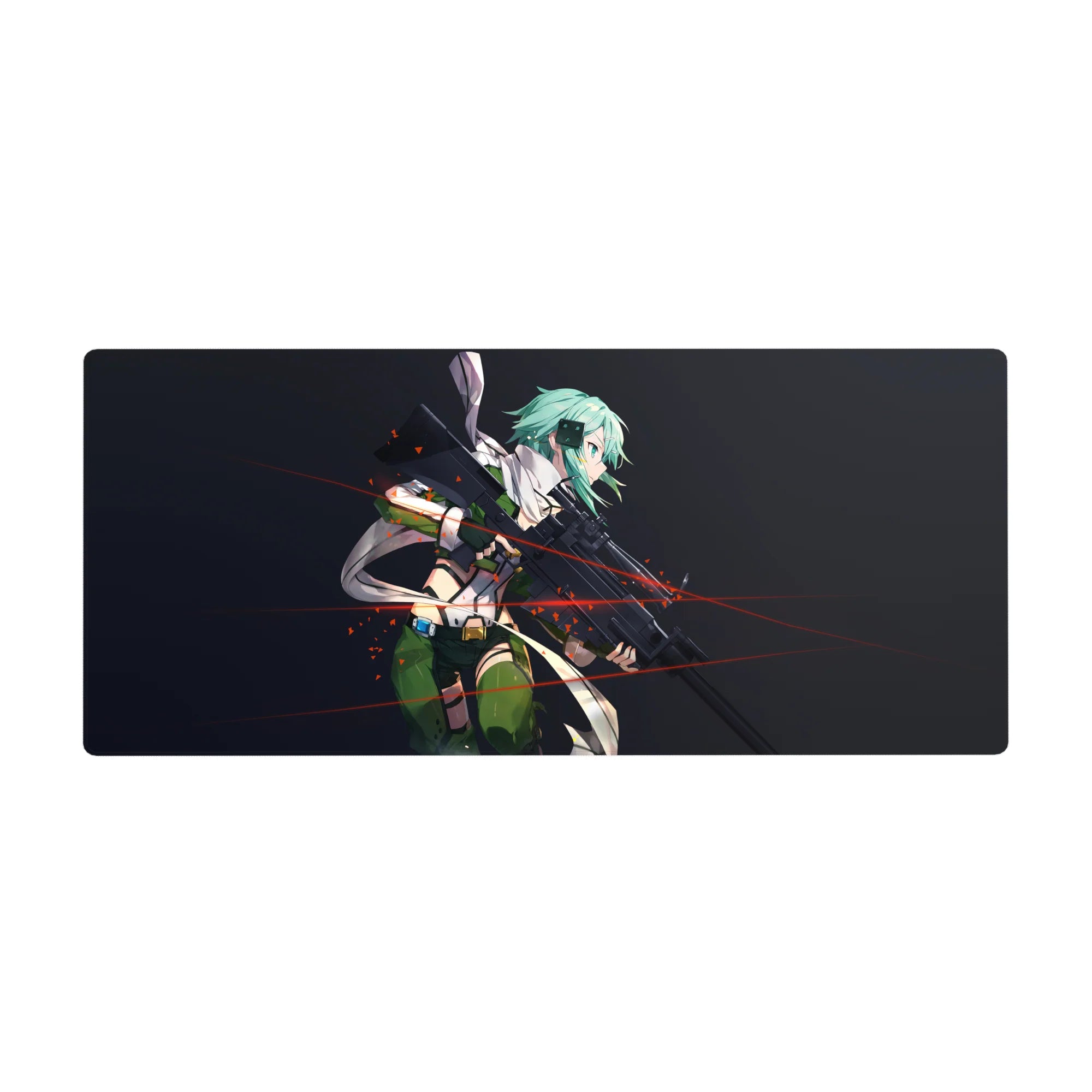 Anime mouse pad 36x16 inches featuring Sinon from Sword Art Online, with teal hair and sniper sights in a bold design.