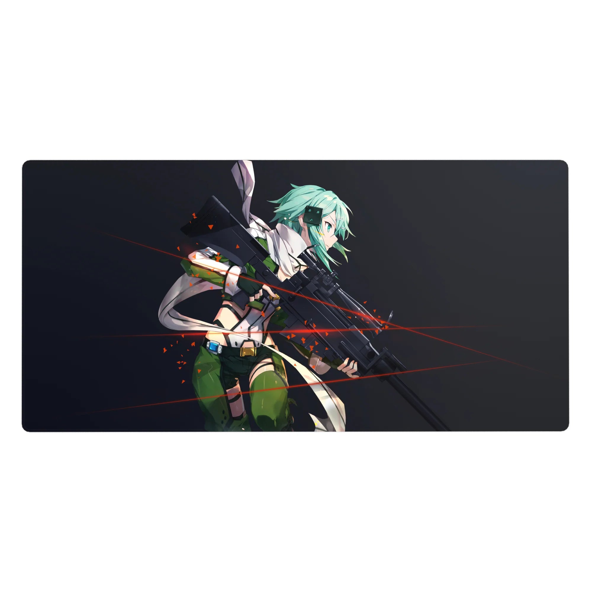 Sword Art Online desk pad 40x20 inches featuring Sinon with teal hair, red tracer lines, and sniper sights in action.