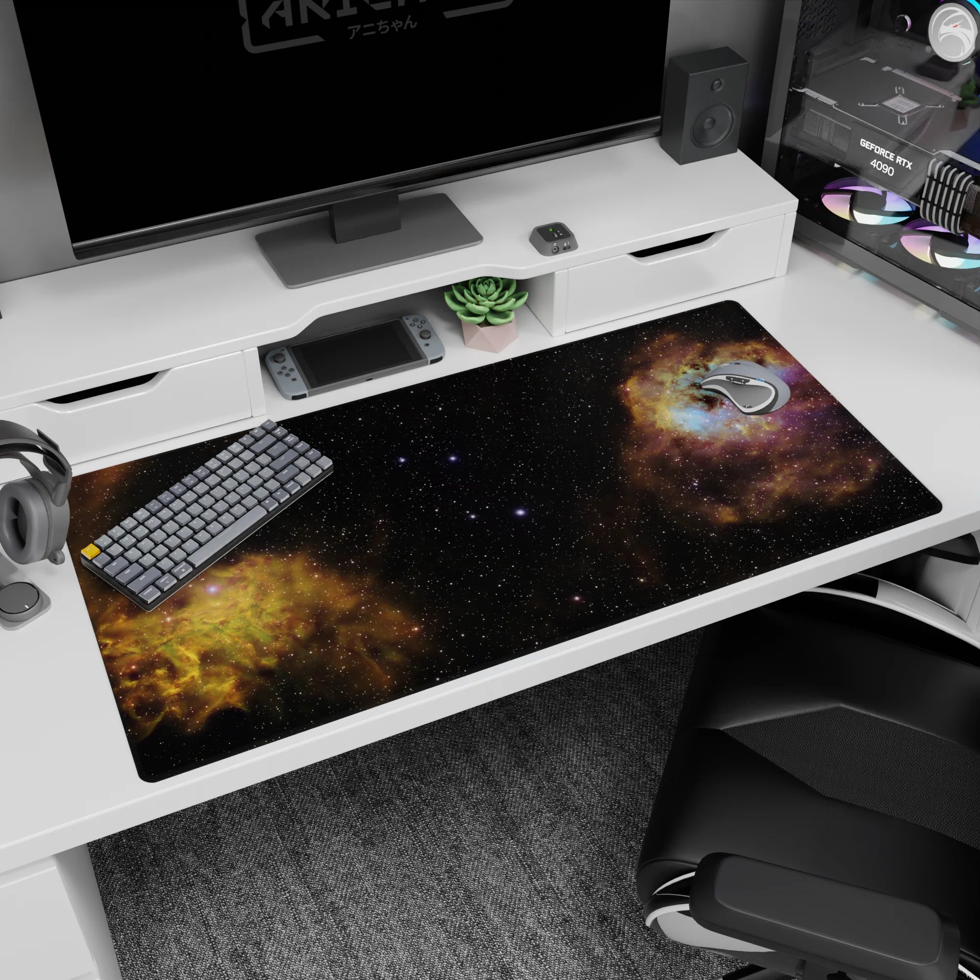 Space window scene desk pad 40x20 inches showing starry night sky with gold nebula clouds and specks.
