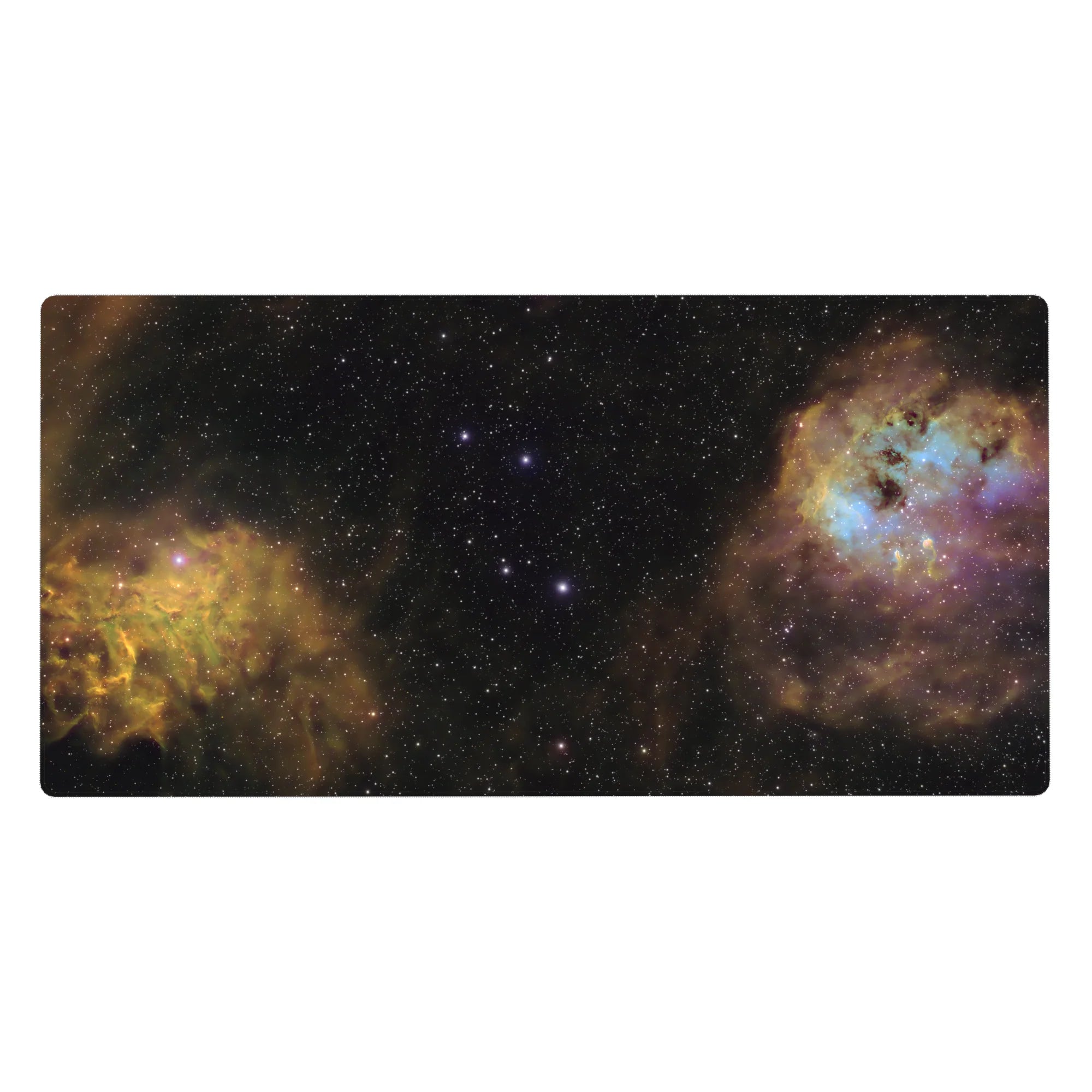 Cosmic star-dusted night desk pad 40x20 inches with smoky clouds and moving speckle effect.
