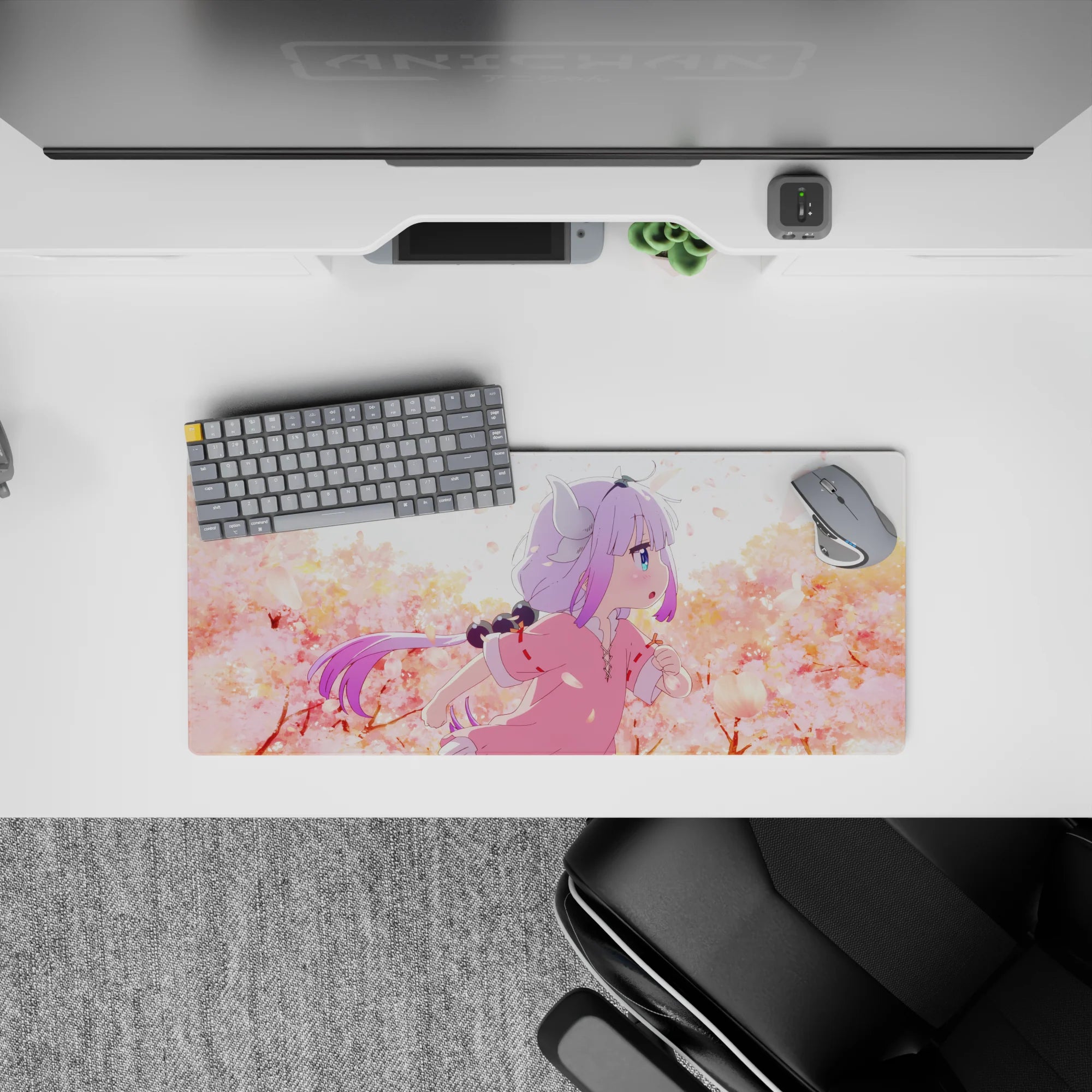 28x12 inches mouse pad in blush pink and warm peach tones with soft sky haze, cozy spring vibe.