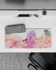 28x12 inches mouse pad in blush pink and warm peach tones with soft sky haze, cozy spring vibe.