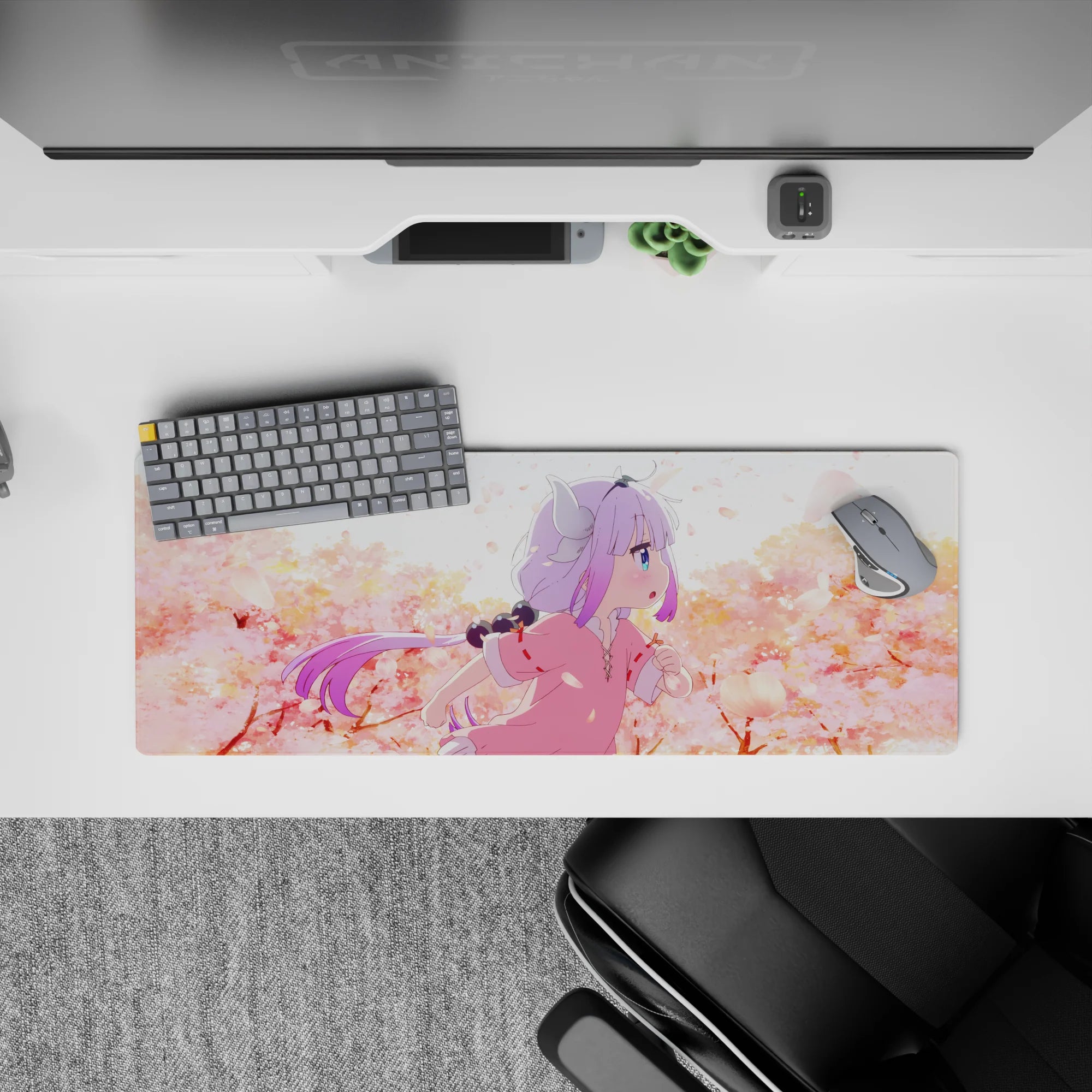32x12 inches mouse pad in blush pink and warm peach tones, calm sky haze and crisp anime print.