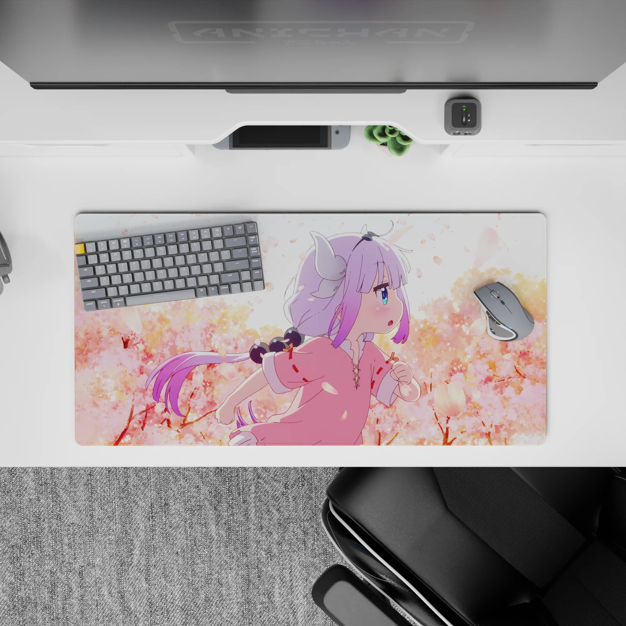 Blush pink and peach sakura mood anime girl mouse pad 32x16 inches with calm sky haze, cozy desk vibe.