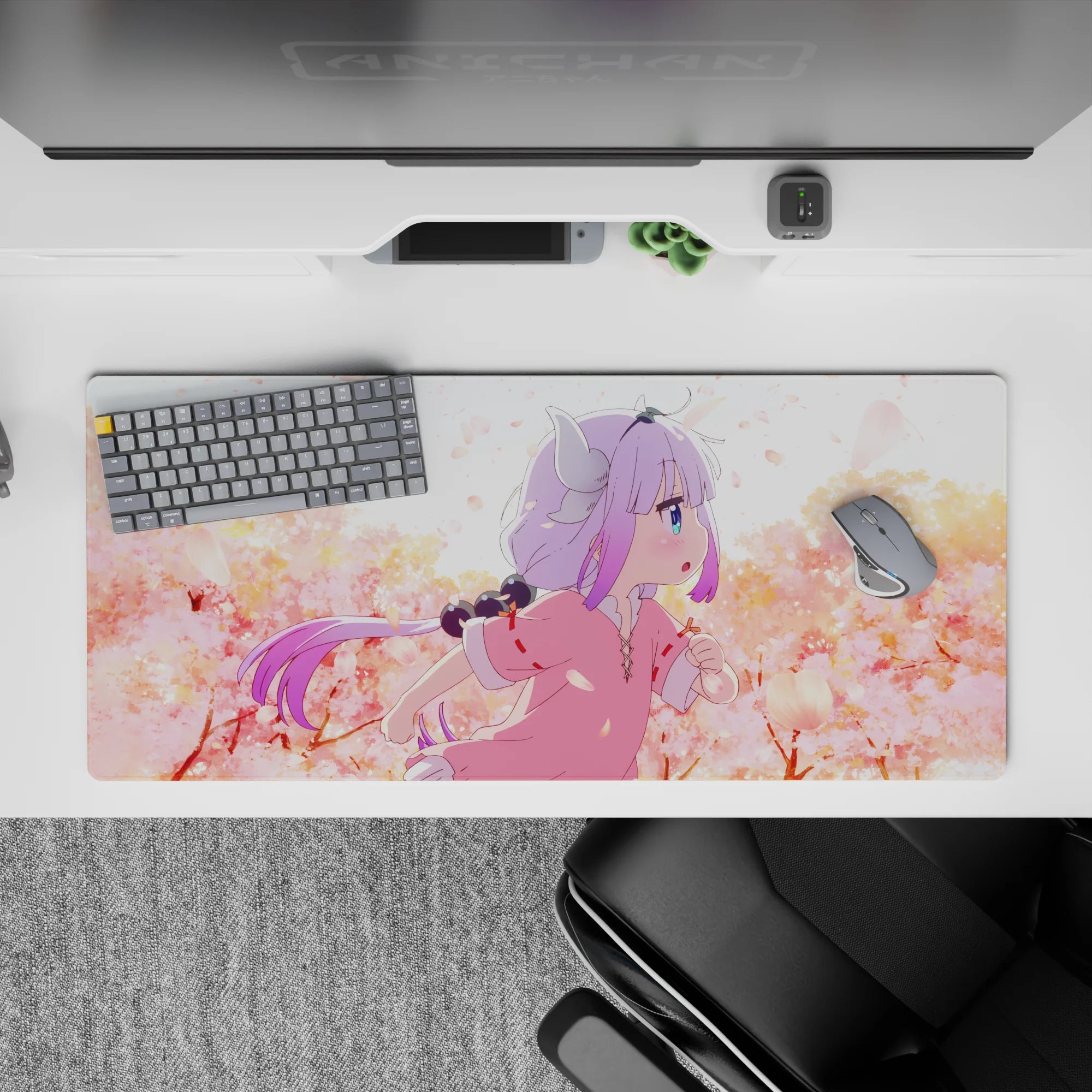 Blush pink and warm peach anime desk pad 36x16 inches, soft spring vibe with calm hazy sky tones.