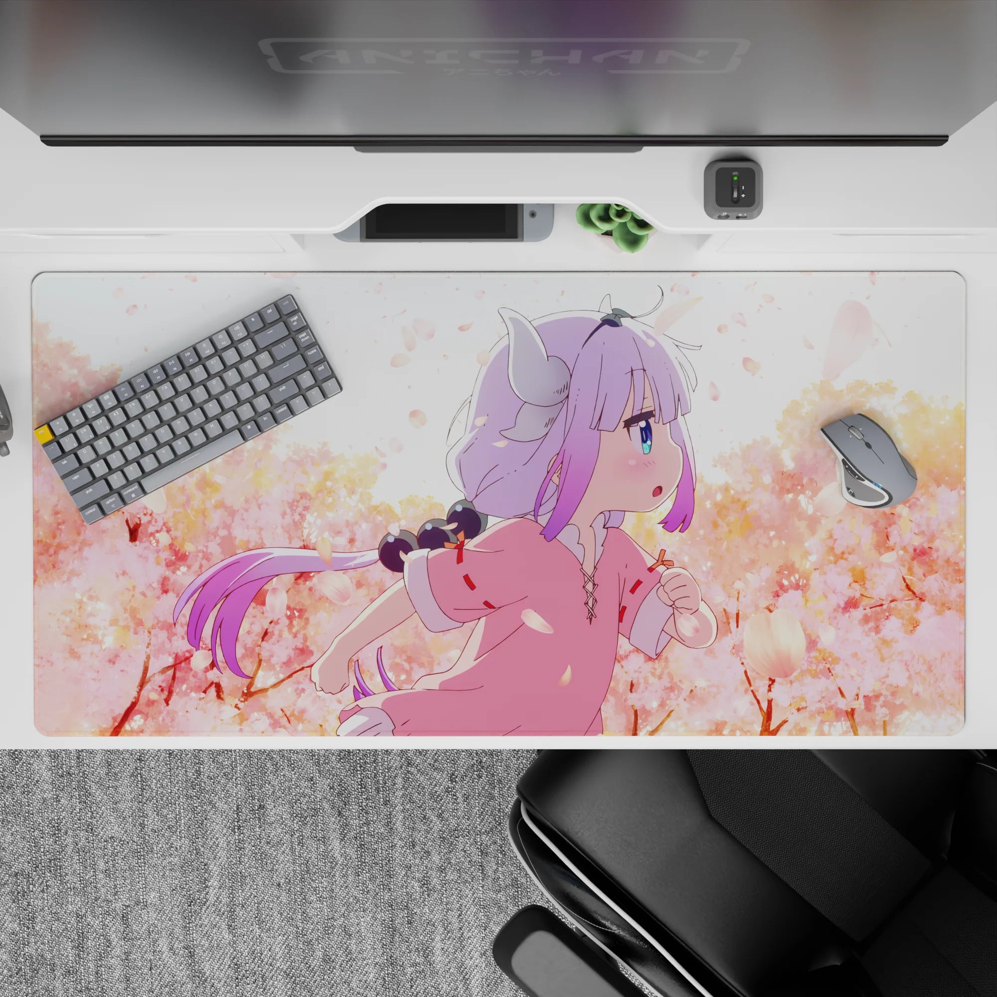 Soft blush pink desk pad 40x20 inches with warm peach tones, calm sky haze, cozy spring vibe.
