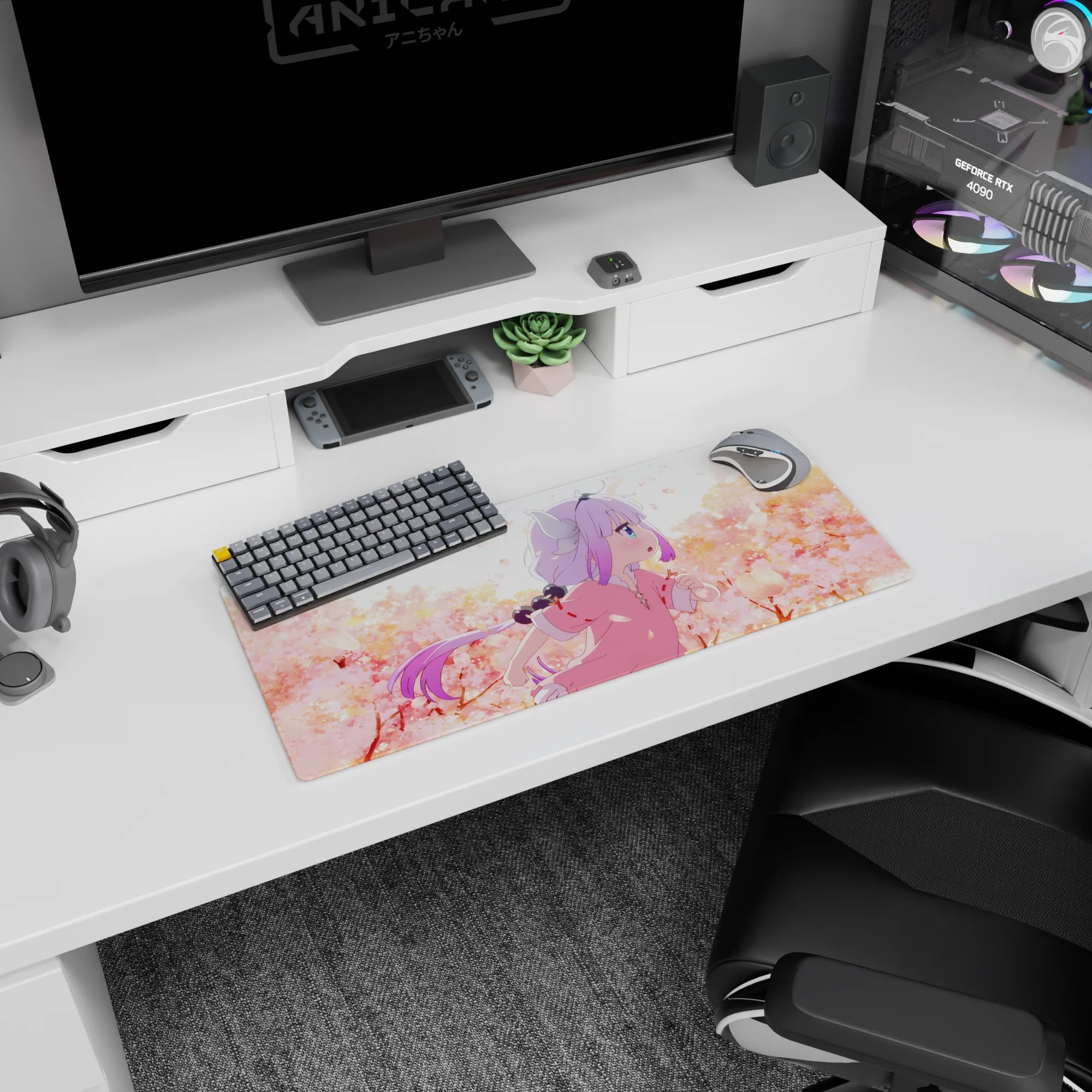 28x12 inches Kanna Kamui Dragon Maid mouse pad, lilac hair and tiny horns amid drifting cherry blossoms.