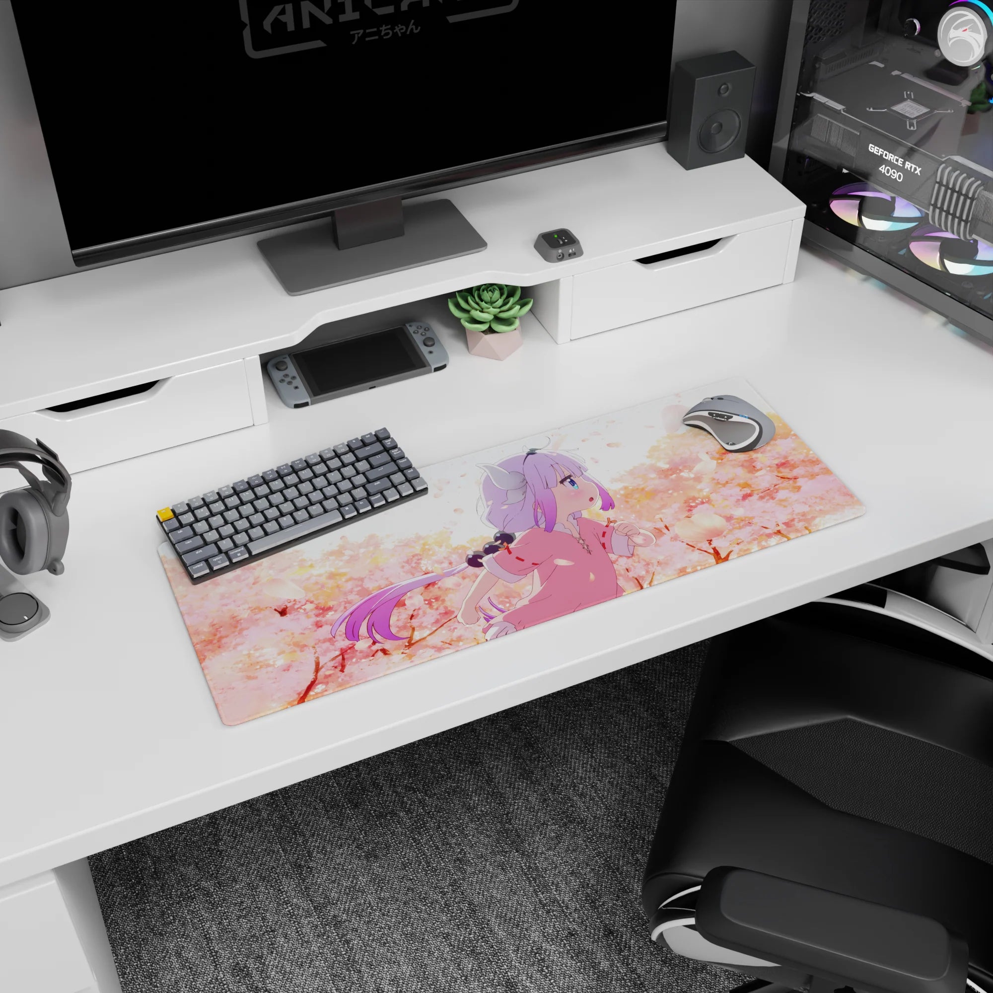 32x12 inches Kanna Kamui Dragon Maid mouse pad, lilac hair and tiny horns dashing through sakura.