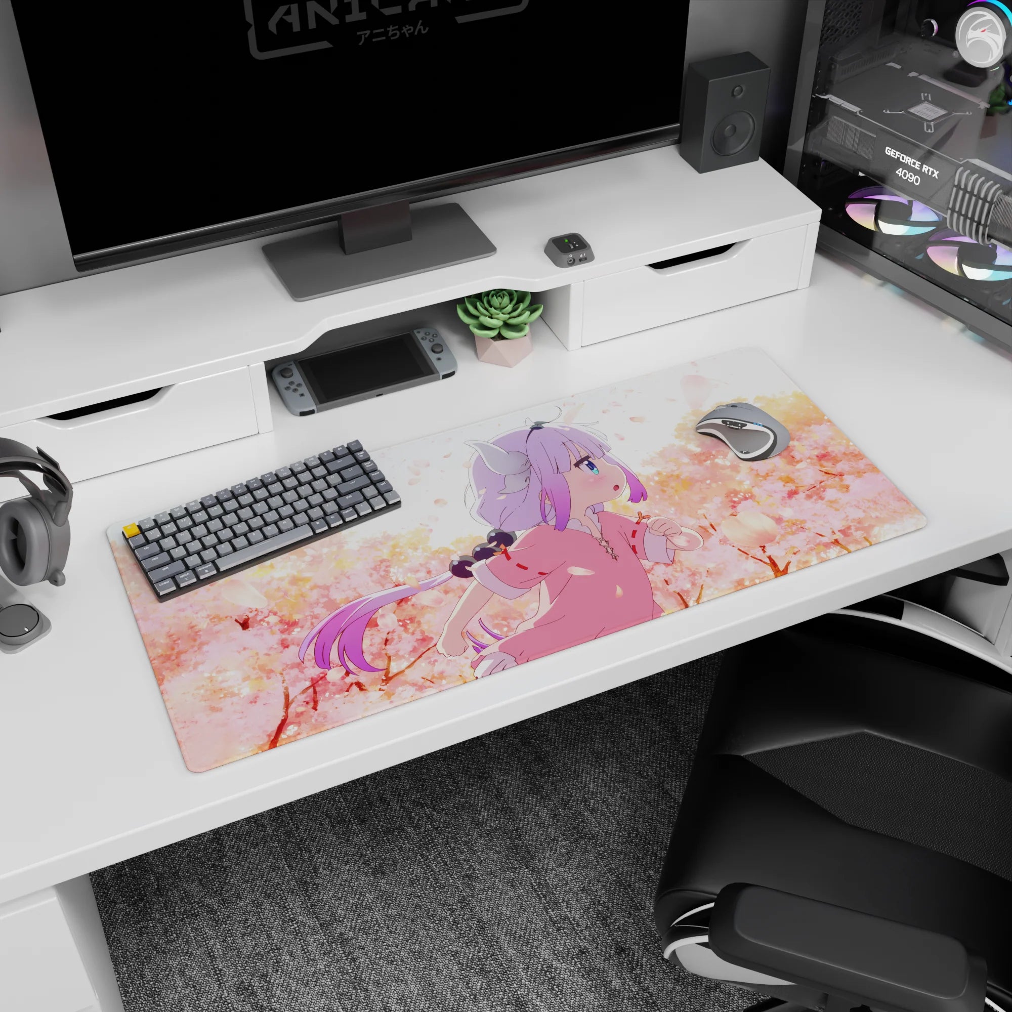 Kanna Kamui from Miss Kobayashi’s Dragon Maid on a 36x16 inches desk pad, dashing through sakura petals.