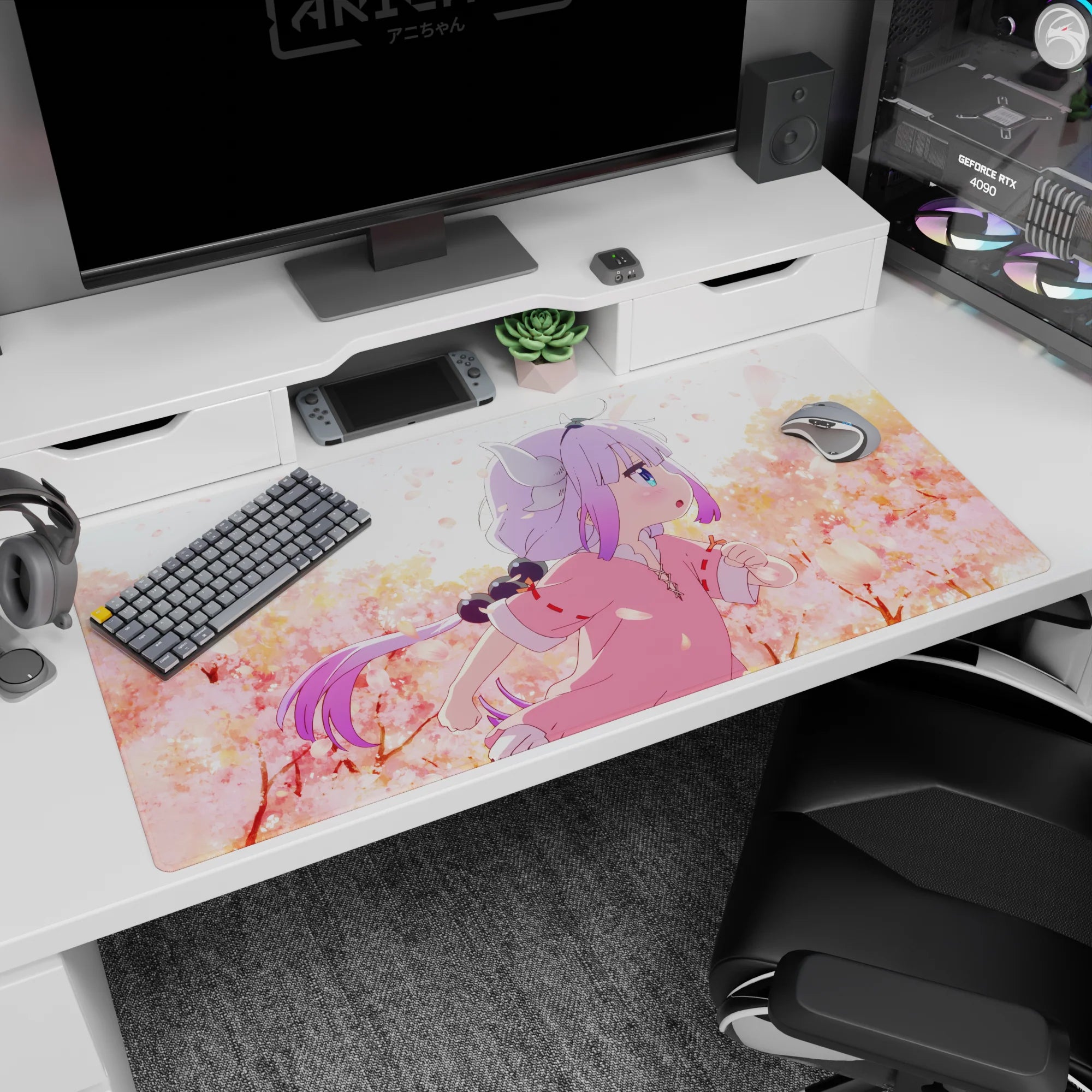 Kanna Kamui Dragon Maid desk pad 40x20 inches, lilac hair and horns with bright blue eye in petals.