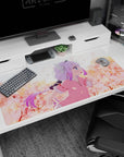 Kanna Kamui Dragon Maid desk pad 40x20 inches, lilac hair and horns with bright blue eye in petals.