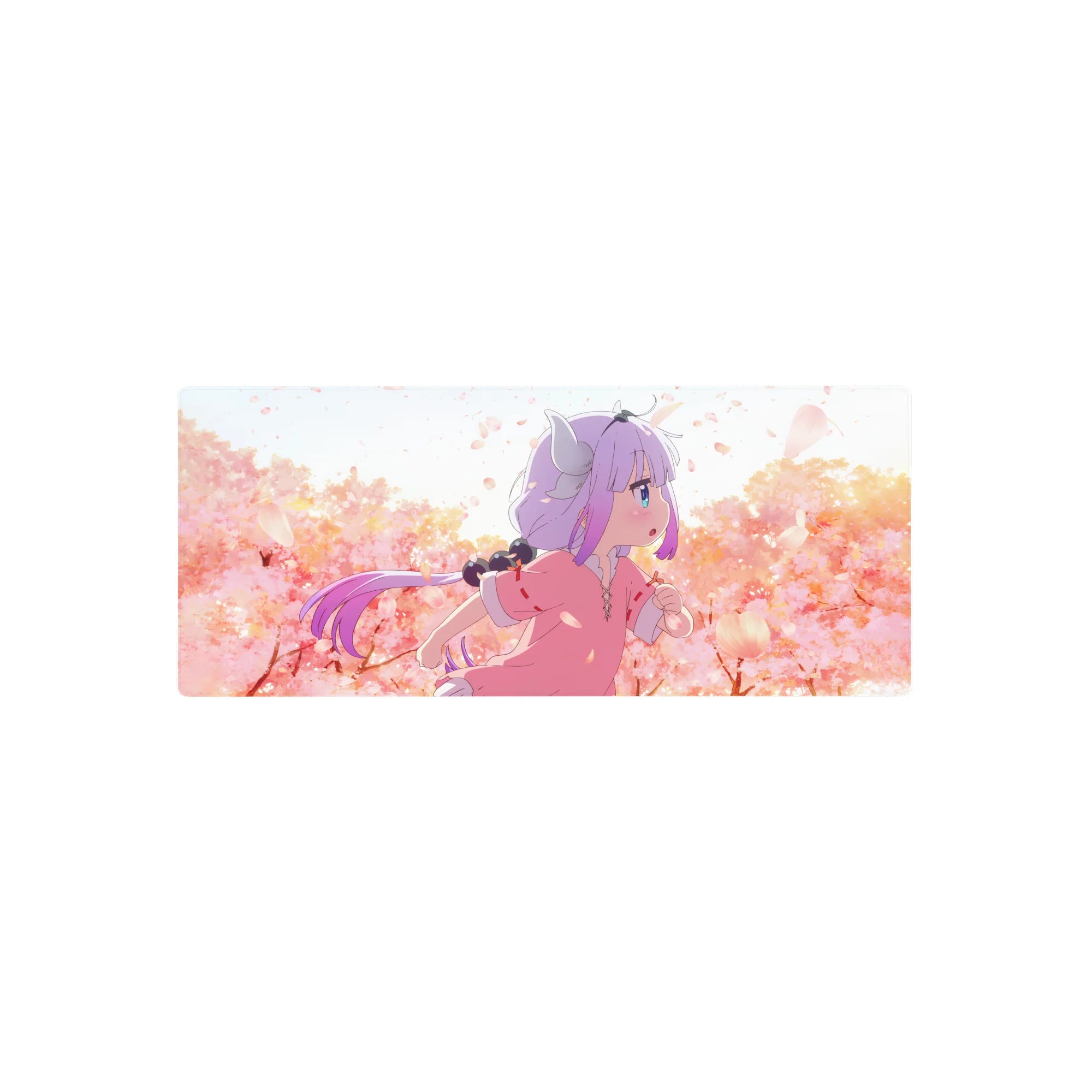 28x12 inches anime girl mouse pad with Kanna Kamui running through sakura petals, crisp anime art.