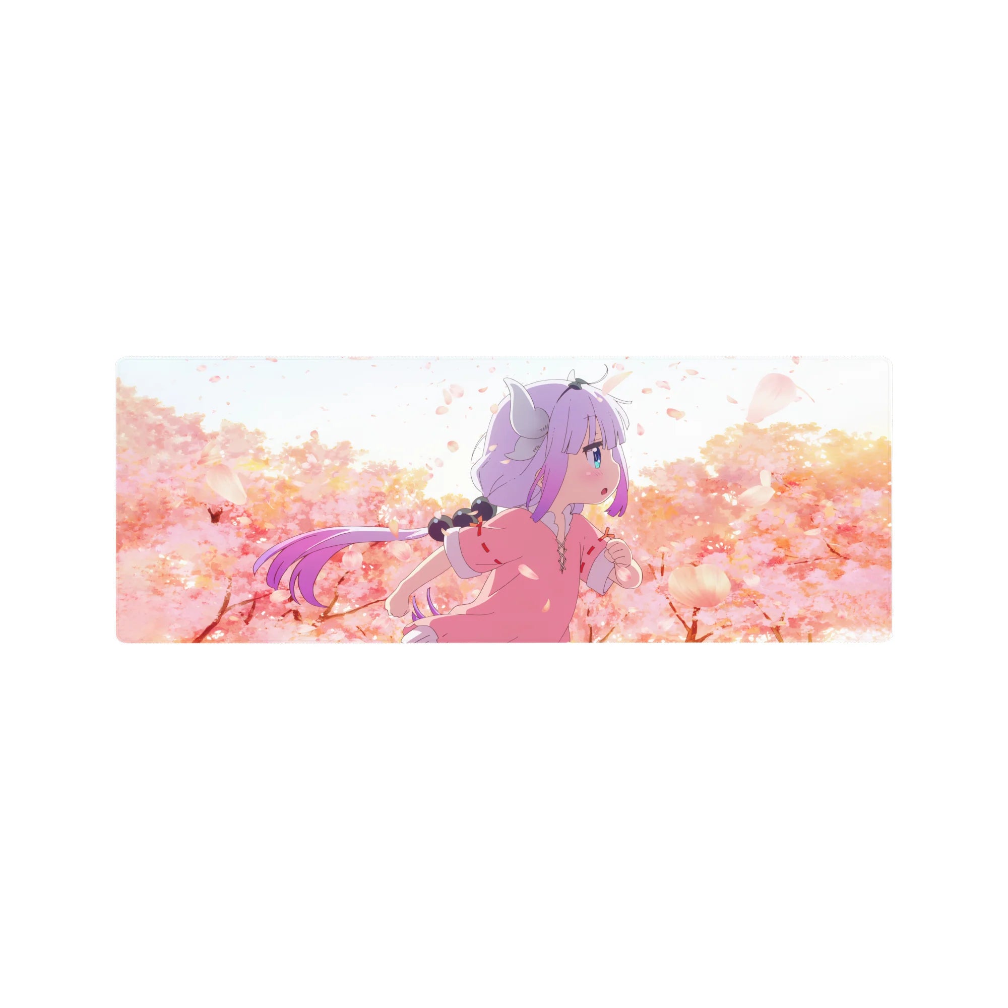 32x12 inches anime girl mouse pad with Kanna Kamui amid sakura petals, smooth tracking desk mat.