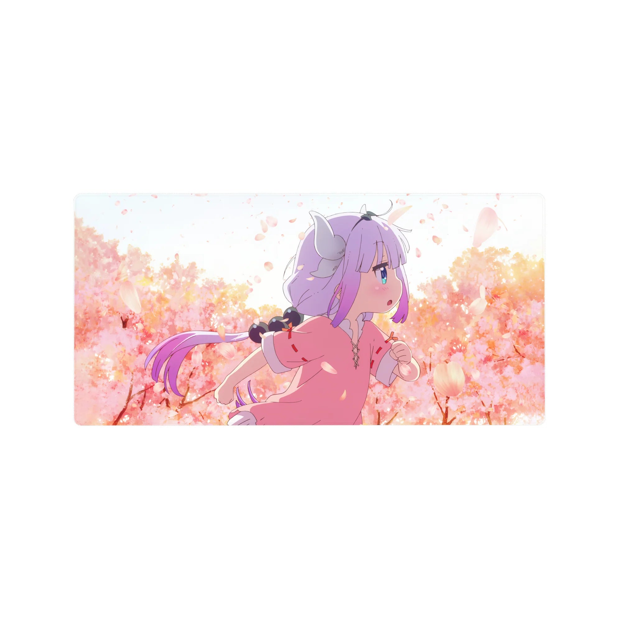 Anime girl mouse pad 32x16 inches with Kanna Kamui running through sakura petals, crisp anime print.
