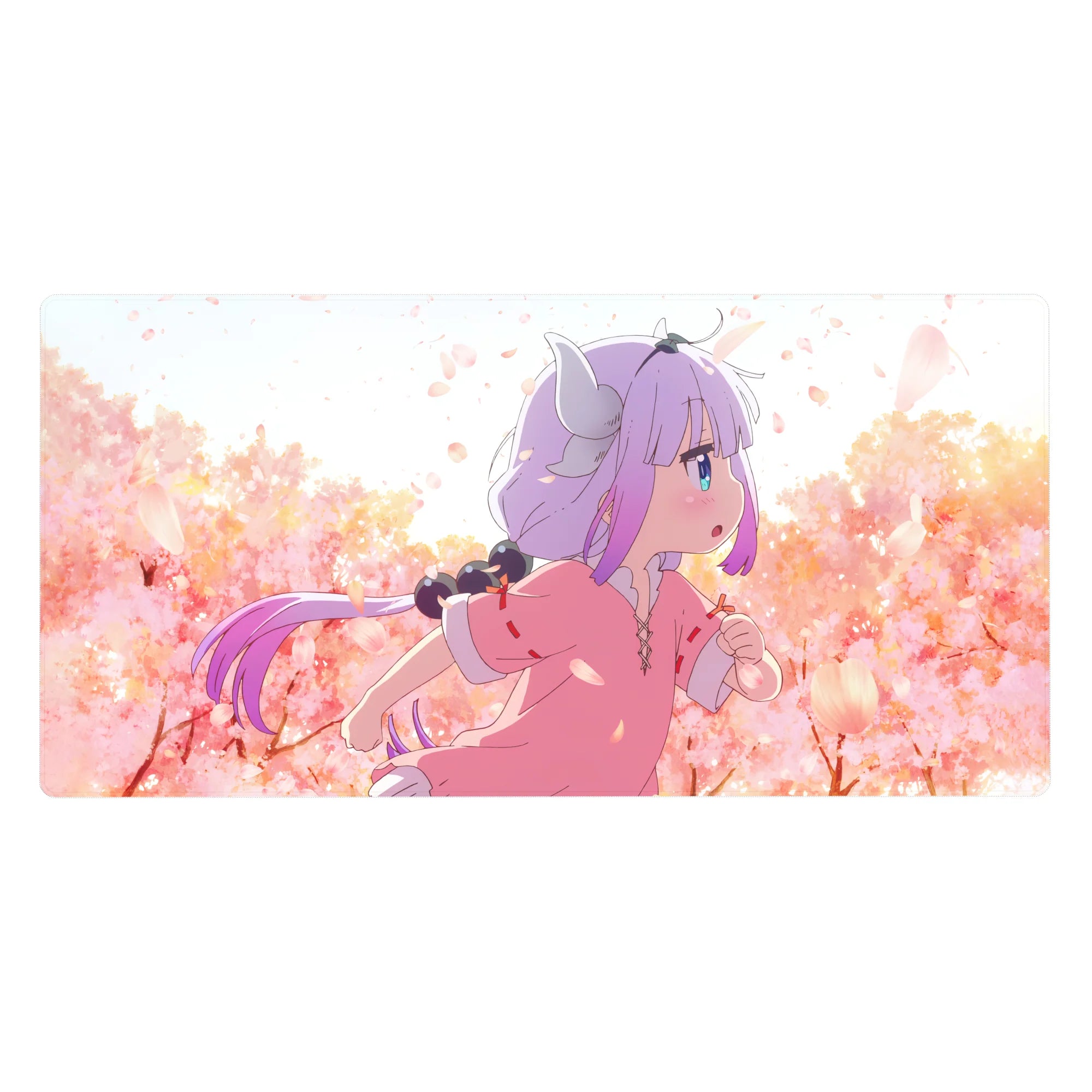 Anime girl desk pad 40x20 inches with Kanna Kamui running through sakura petals and peach trees.