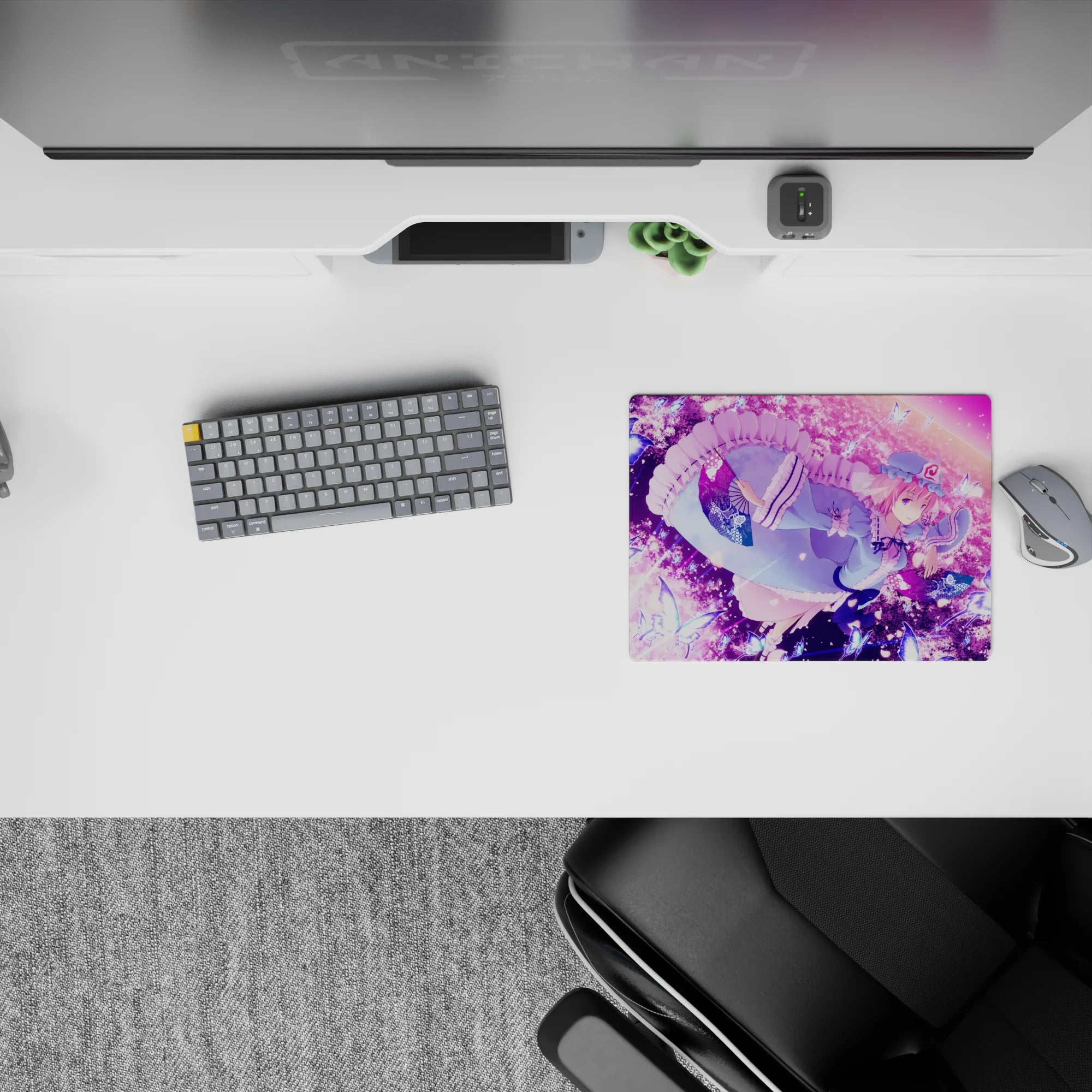 Pink-lilac dreamy anime mouse pad 14x10 inches in soft blues with glowing butterflies.